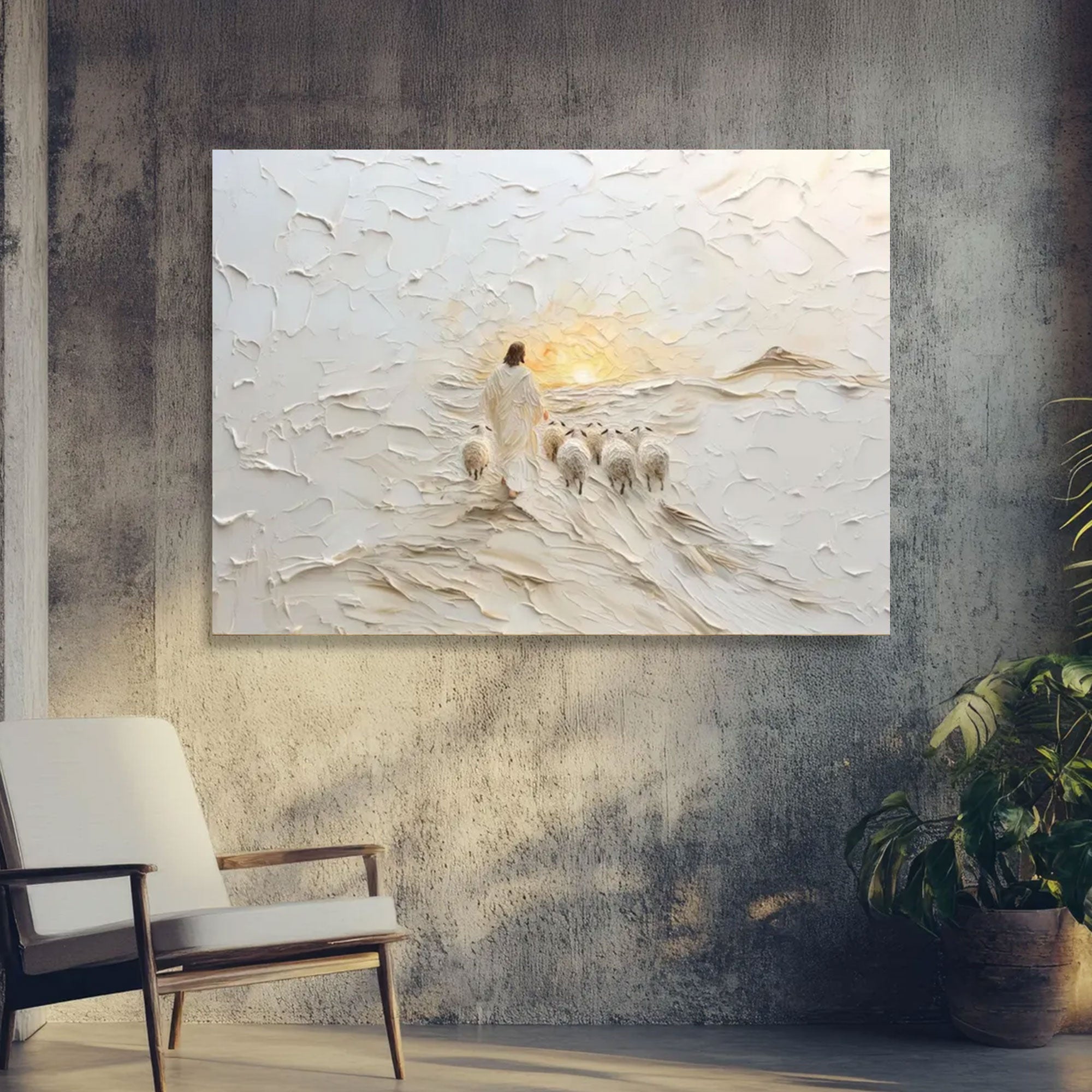 Jesus Shepherd with Sheep Canvas Print, Good Shepherd Wall Art, White Landscape Christian Decor, Modern Religious Home Decoration, Inspirational Faith Gift