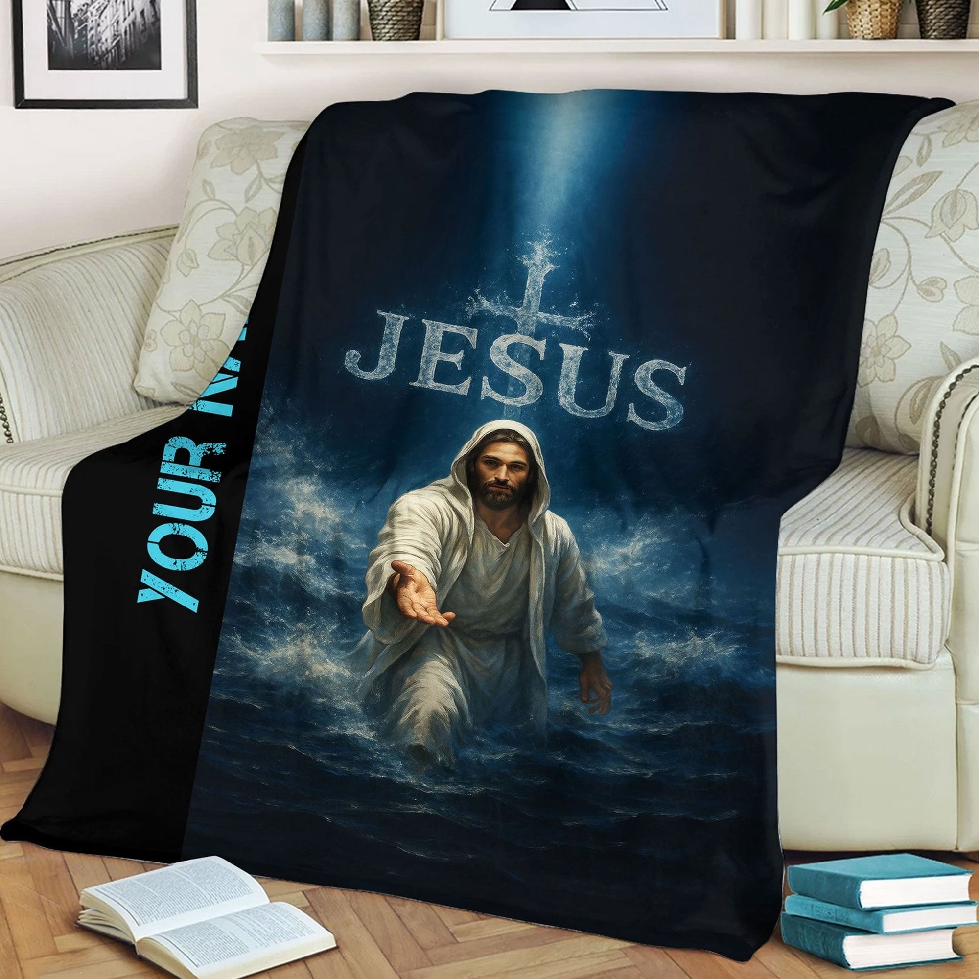 Personalized Jesus Walking on Water Fleece Blanket, Christian Faith Throw, Religious Gift, Inspirational Home Decor
