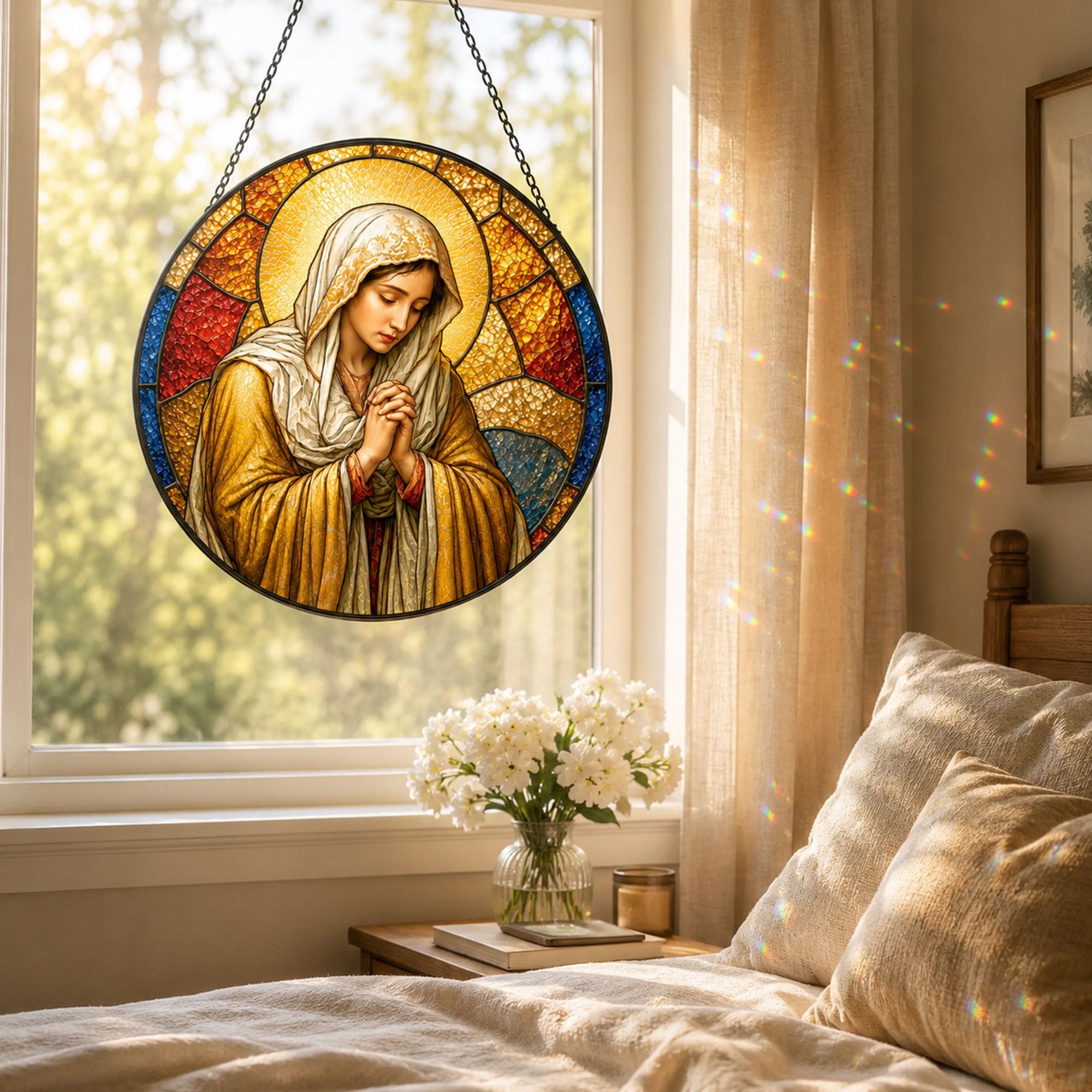 Virgin Mary Praying Suncatcher, Catholic Window Hanging, Christian Faith Gift for Women