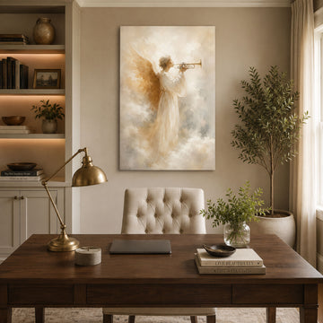 Trumpet Angel Canvas Print, Soft Watercolor Christian Angel Wall Art, Heavenly Faith Home Decor Gift