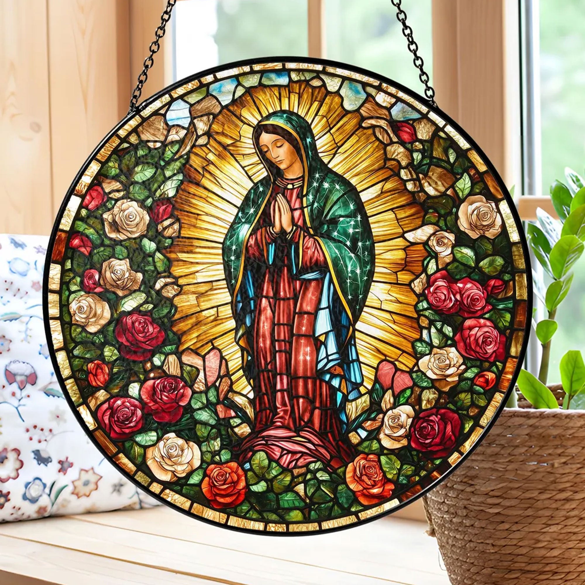 Our Lady of Guadalupe Stained Glass Suncatcher, Virgin Mary Catholic Window Hanging, Religious Faith Gift, Christian Home Decor