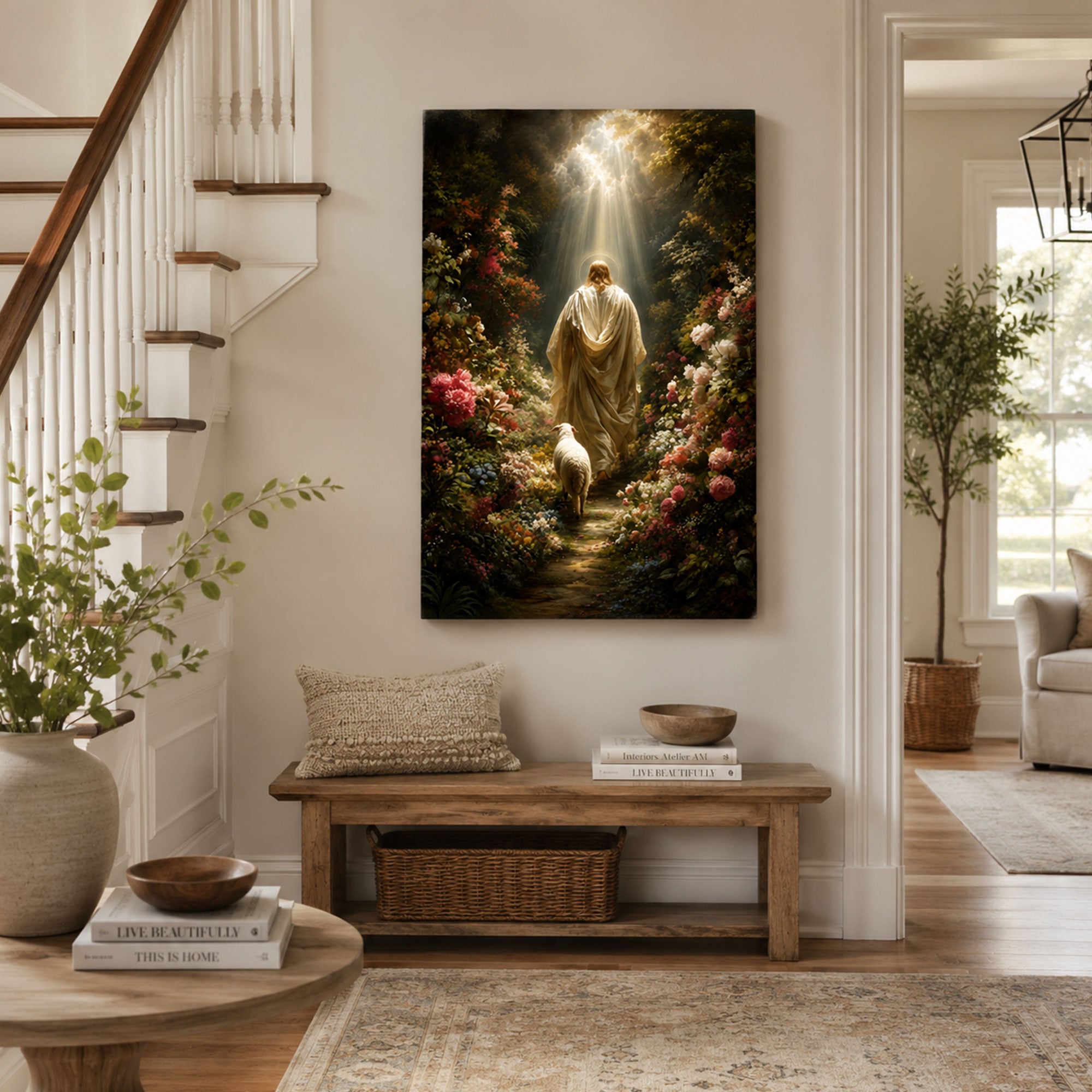 Jesus the Good Shepherd Canvas Print, Lamb and Garden Path Christian Wall Art, Faith Home Decor Gift