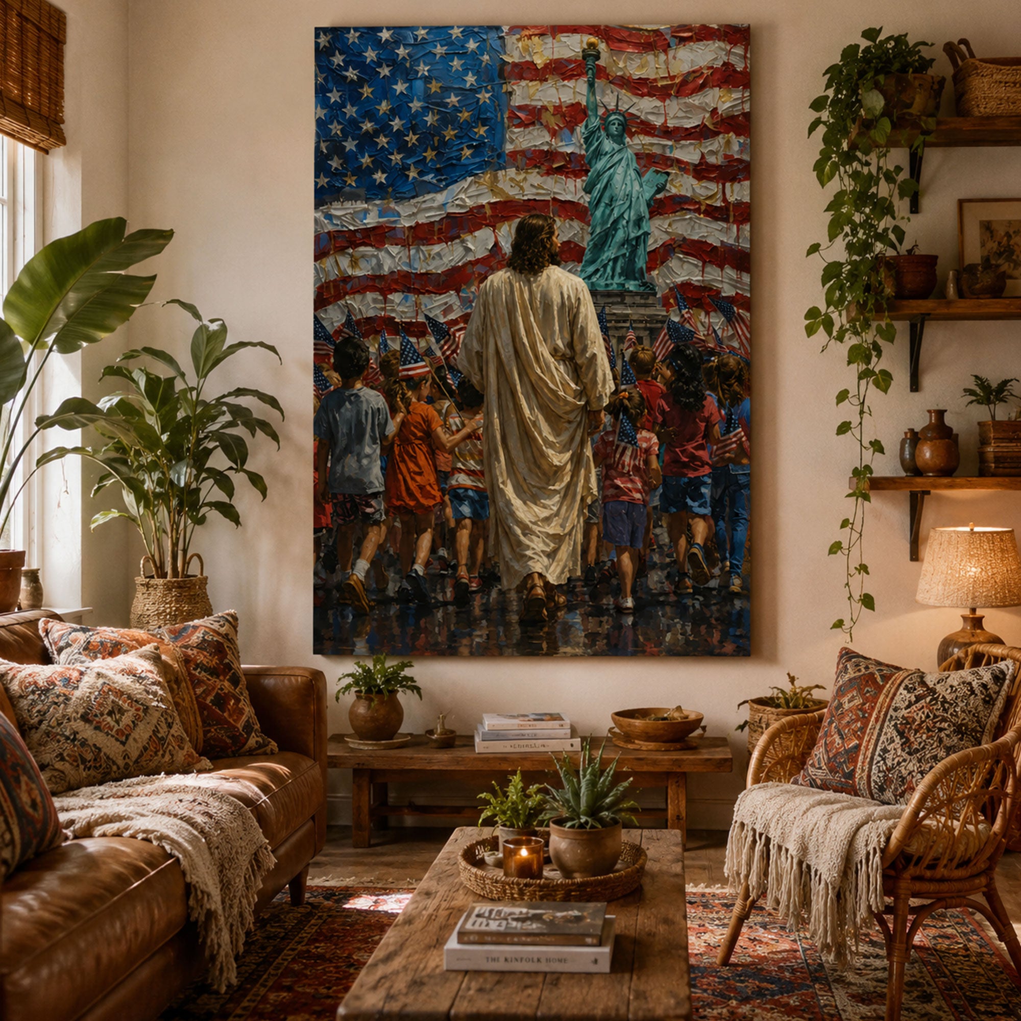 Patriotic Jesus and America Canvas Print, Christian USA Wall Art, Freedom Faith Home Decor