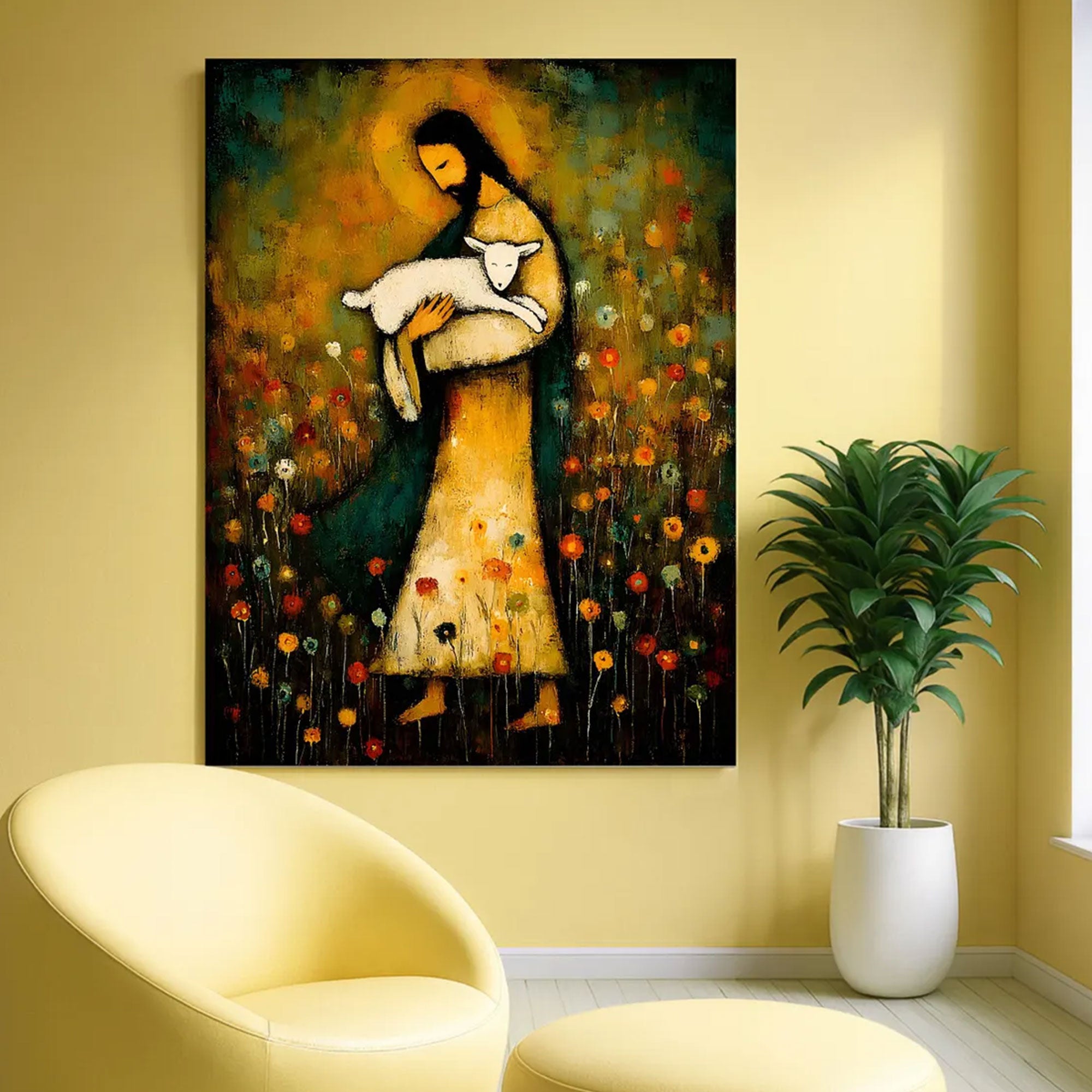 Jesus Holding Lamb Canvas Print, Good Shepherd Wall Art, Folk Art Christian Painting, Religious Home Decor, Inspirational Faith Gift