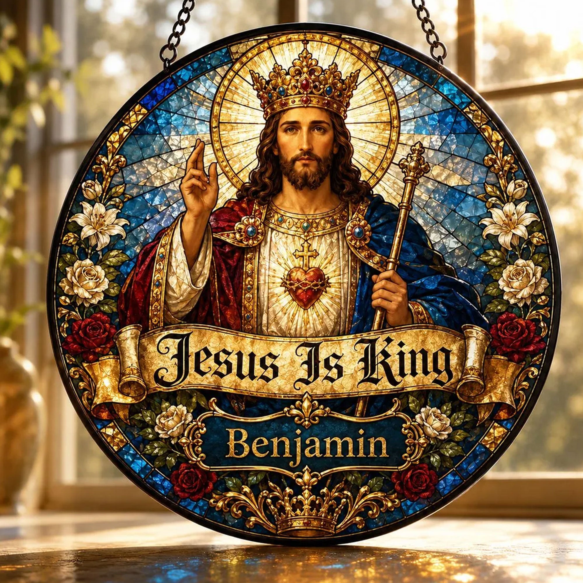 Personalized Jesus Is King Suncatcher, Custom Name Sacred Heart Window Hanging, Catholic Gift