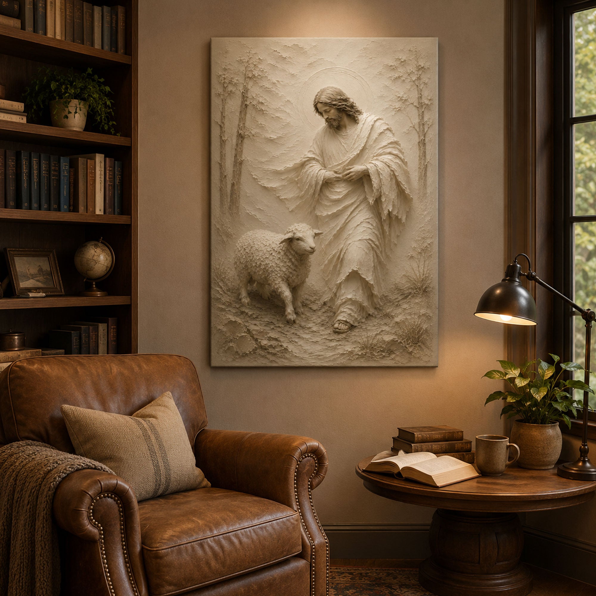 Good Shepherd Jesus with Lamb Canvas Print, White Bas Relief Christian Wall Art, Peaceful Faith Home Decor