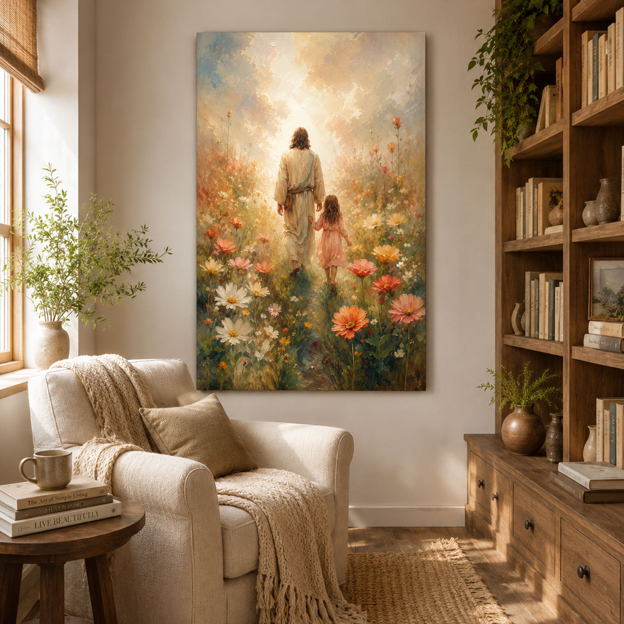 Jesus Walking with Little Girl Canvas Print, Christian Wall Art, Wildflower Faith Home Decor
