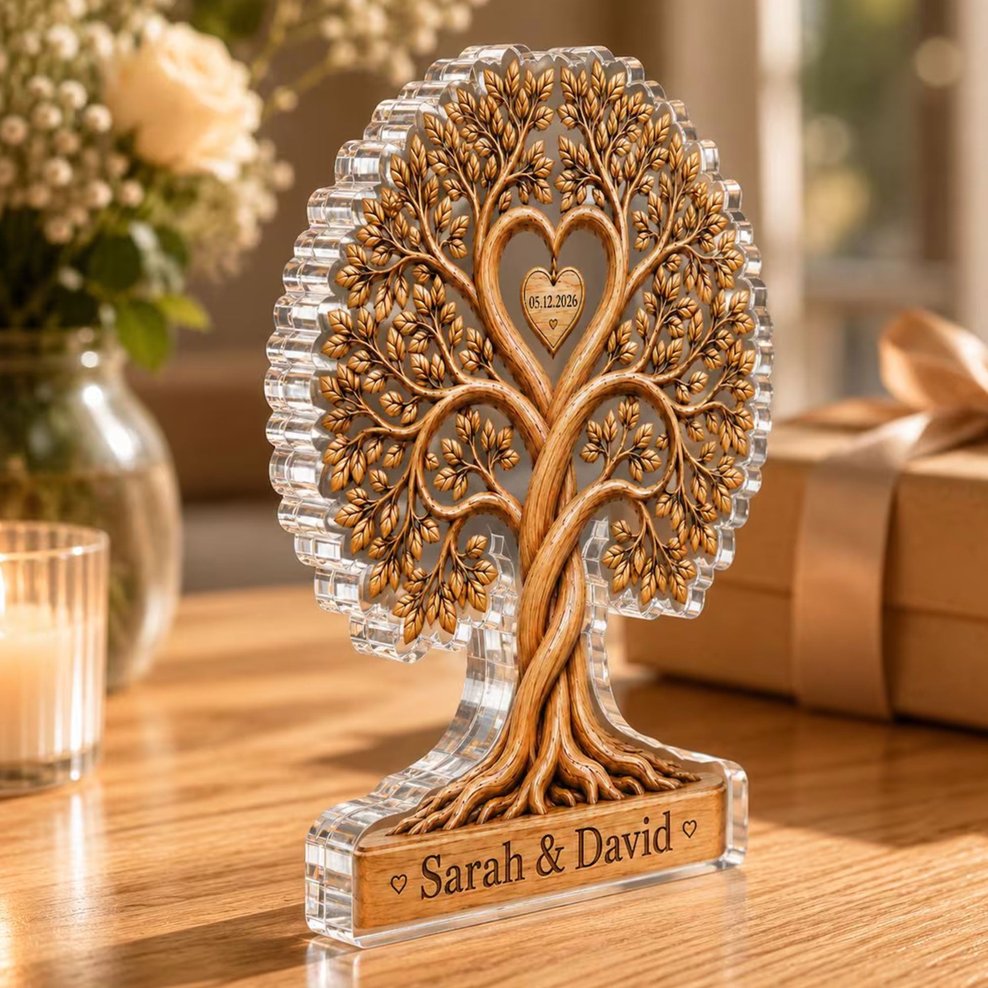 Personalized Couple Heart Tree Acrylic Block – Custom Couple Gift – Engraved Name Acrylic Decor – Anniversary Gift for Him Her
