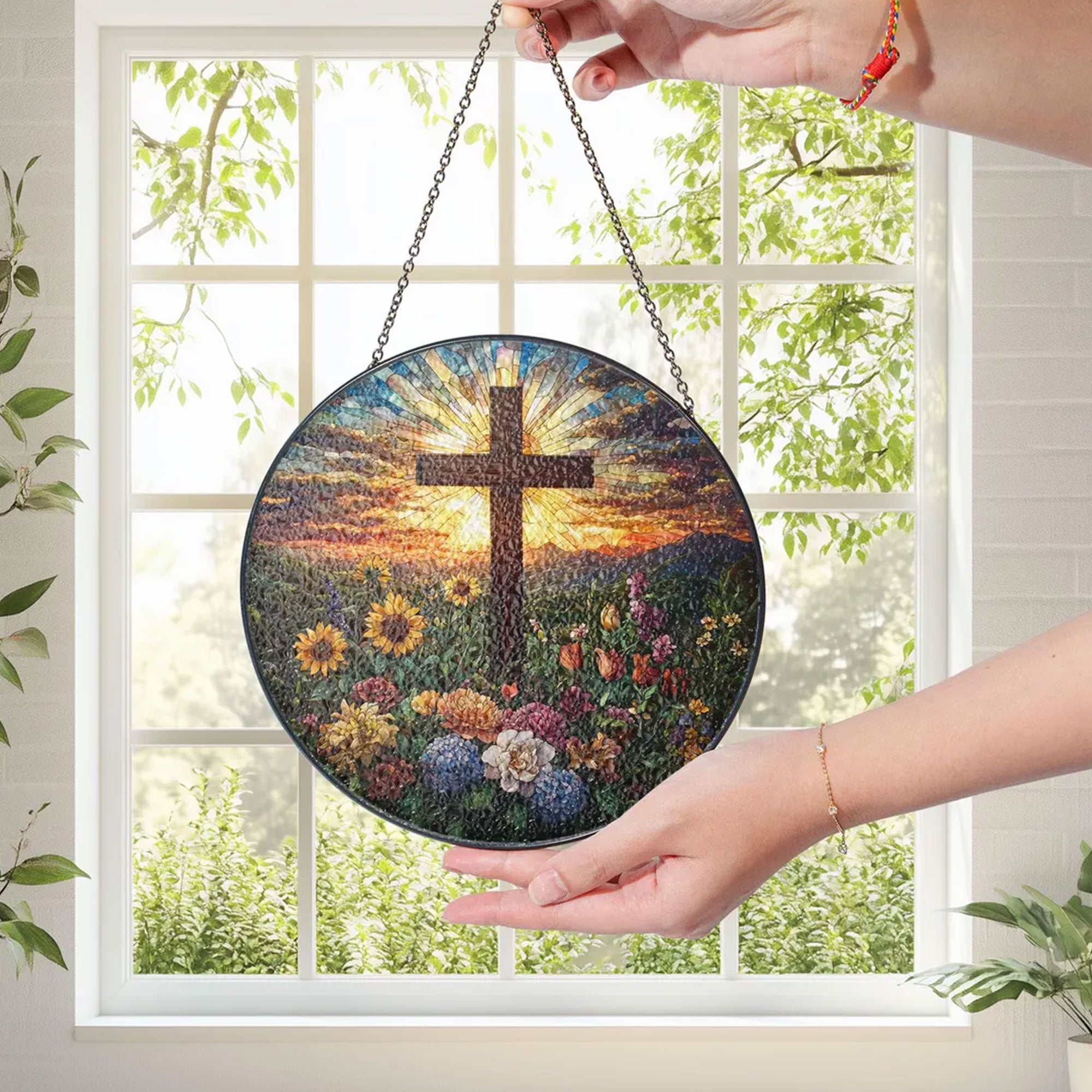 Stained Glass Cross Suncatcher with Wildflowers and Sunset, Christian Window Hanging Decor, Religious Faith Gift