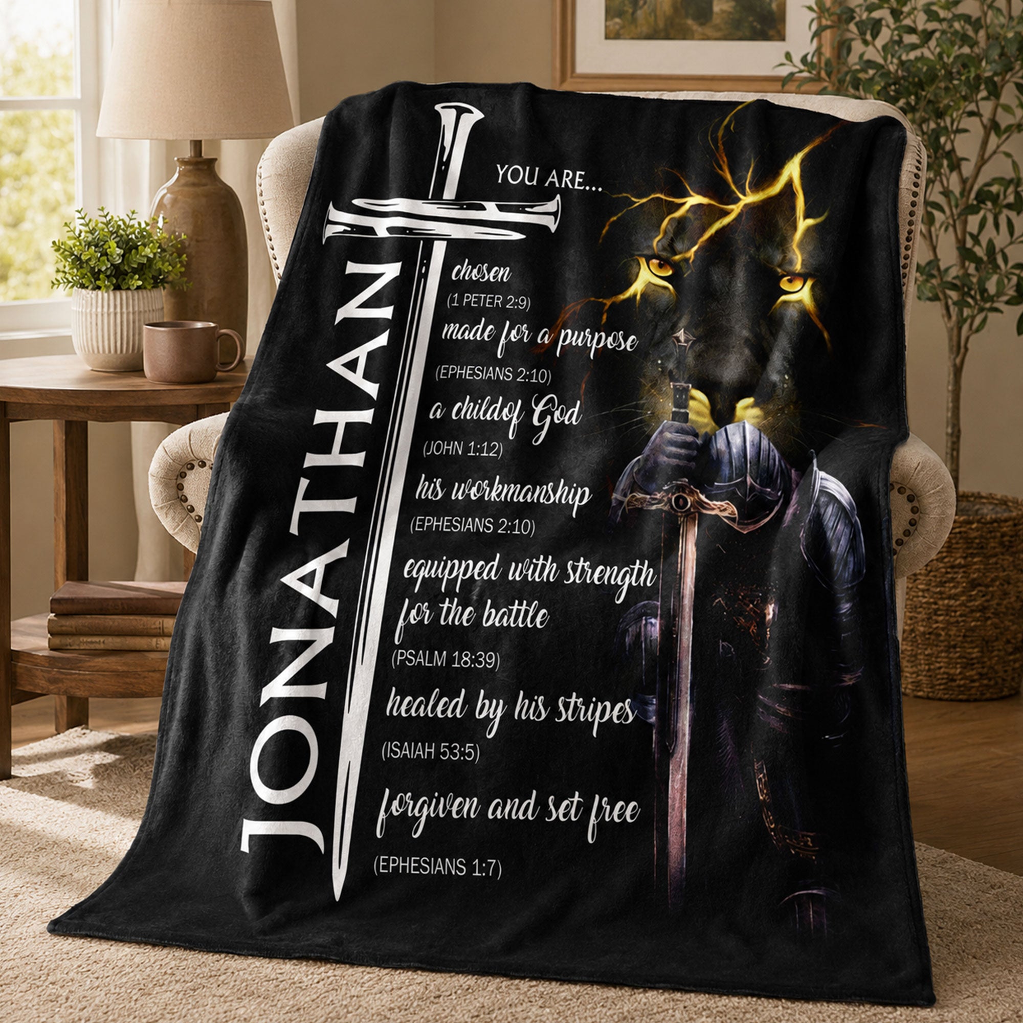 Personalized Christian Lion Fleece Blanket, Custom Name Bible Verse Throw, Faith Gift for Men