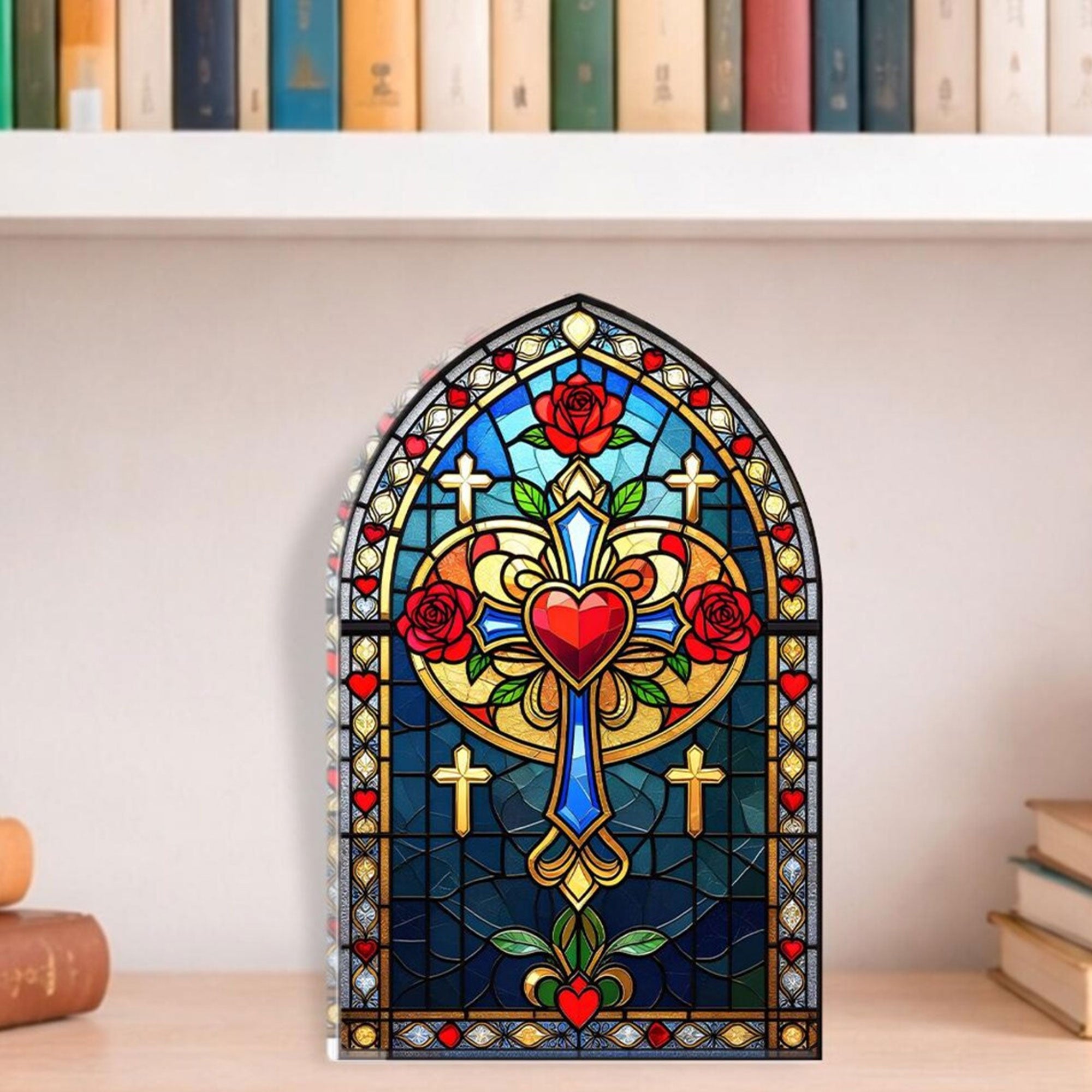 Sacred Heart Cross Acrylic Block, Stained Glass Christian Table Decor, Catholic Faith Gift, Single-Sided 2D Religious Display