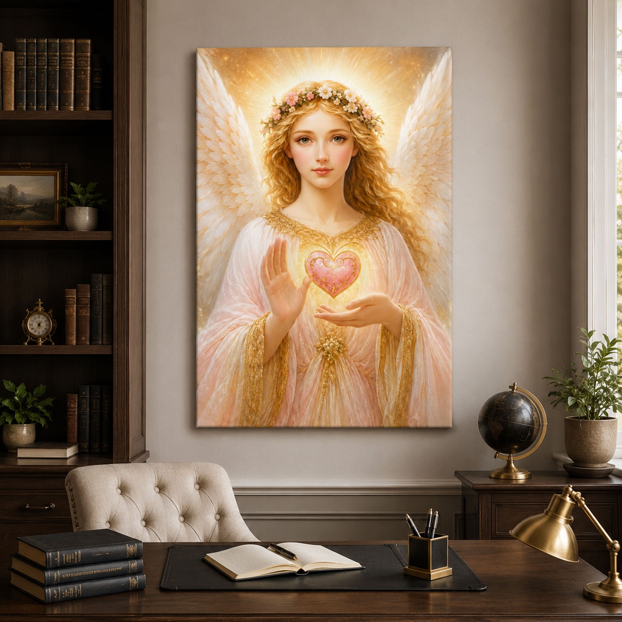 Guardian Angel Holding Heart Canvas Print, Christian Wall Art, Divine Love Faith Home Decor