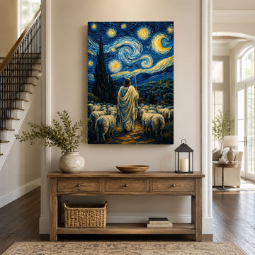 Jesus the Good Shepherd Starry Night Canvas Print, Christian Faith Decor