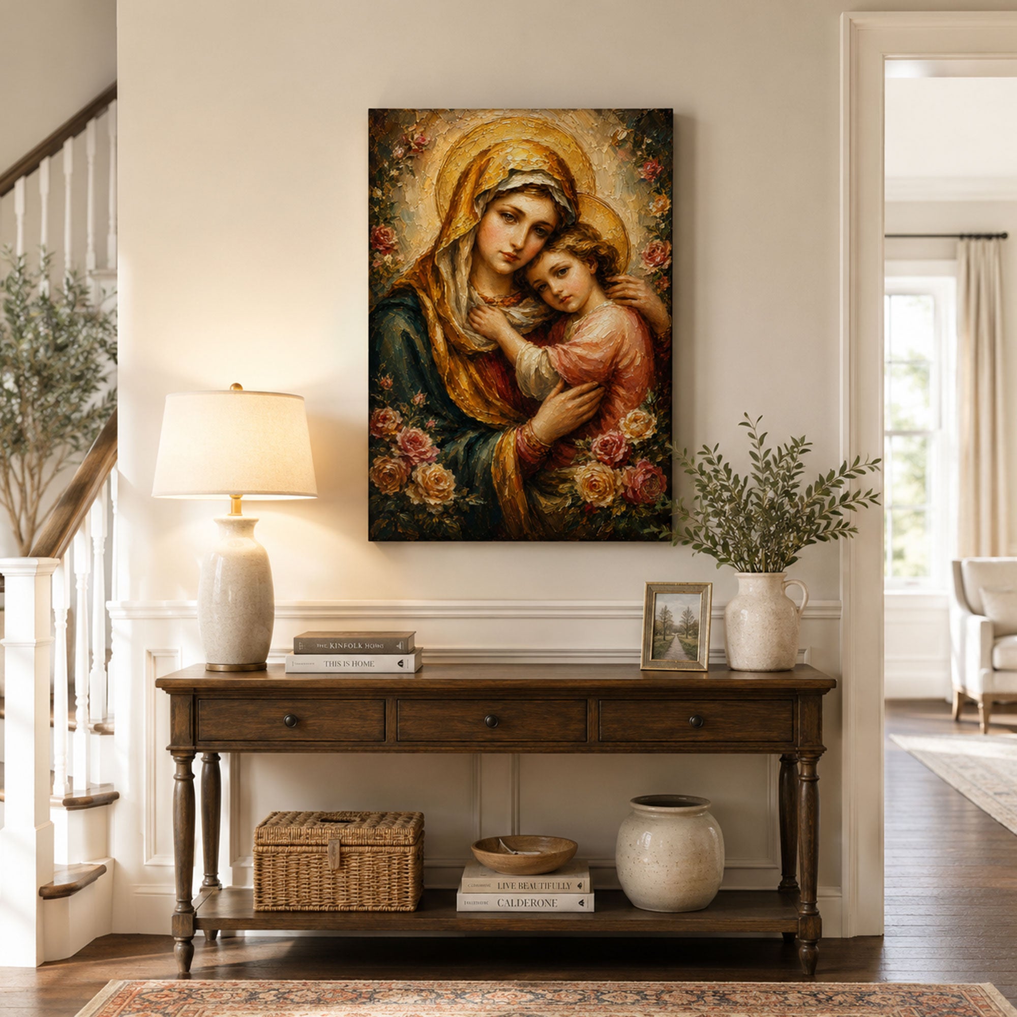 Saint Anne Embracing Young Mary Among Roses Canvas Print, Catholic Decor