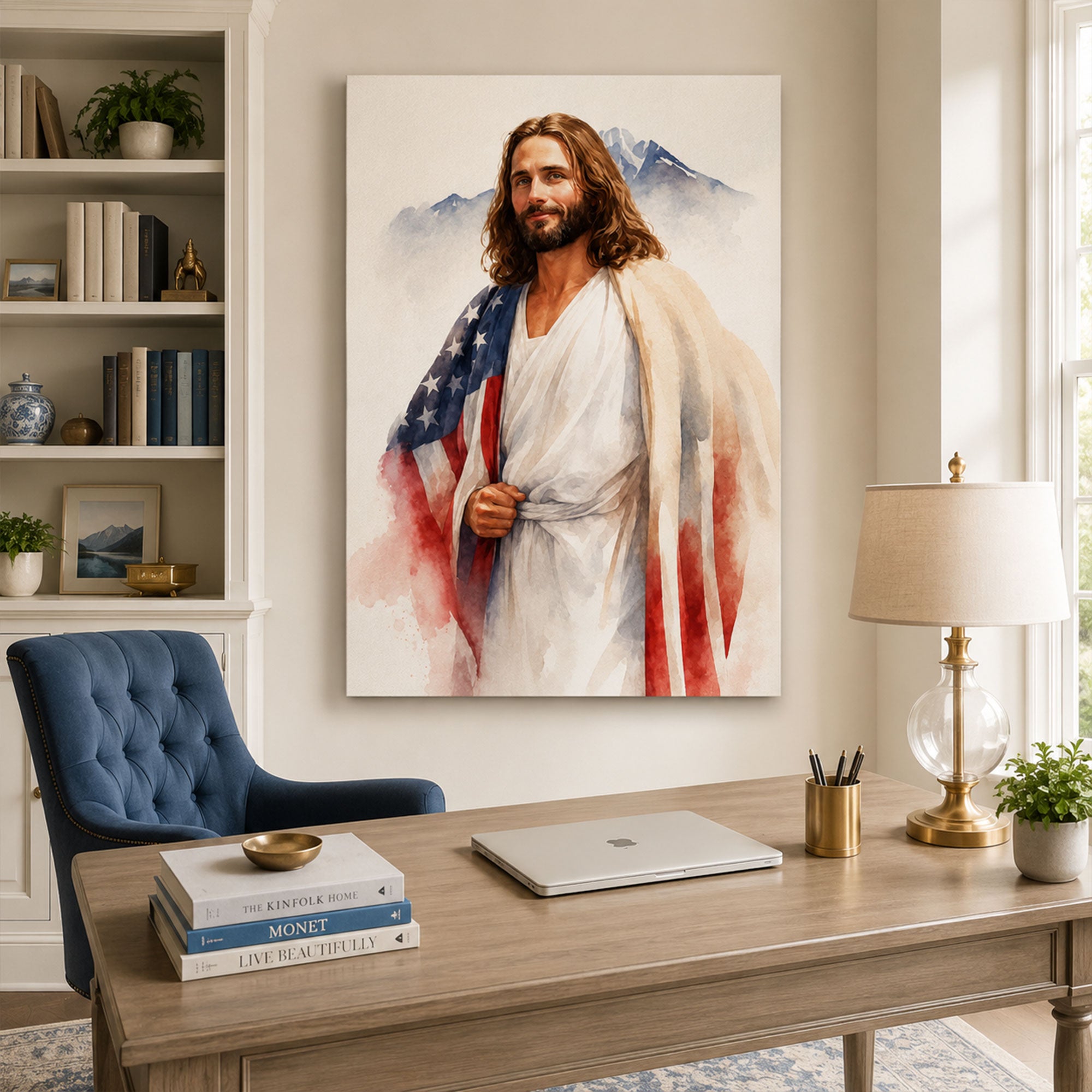 Jesus and American Flag Canvas Print, Patriotic Christian Wall Art, One Nation Under God Faith Home Decor