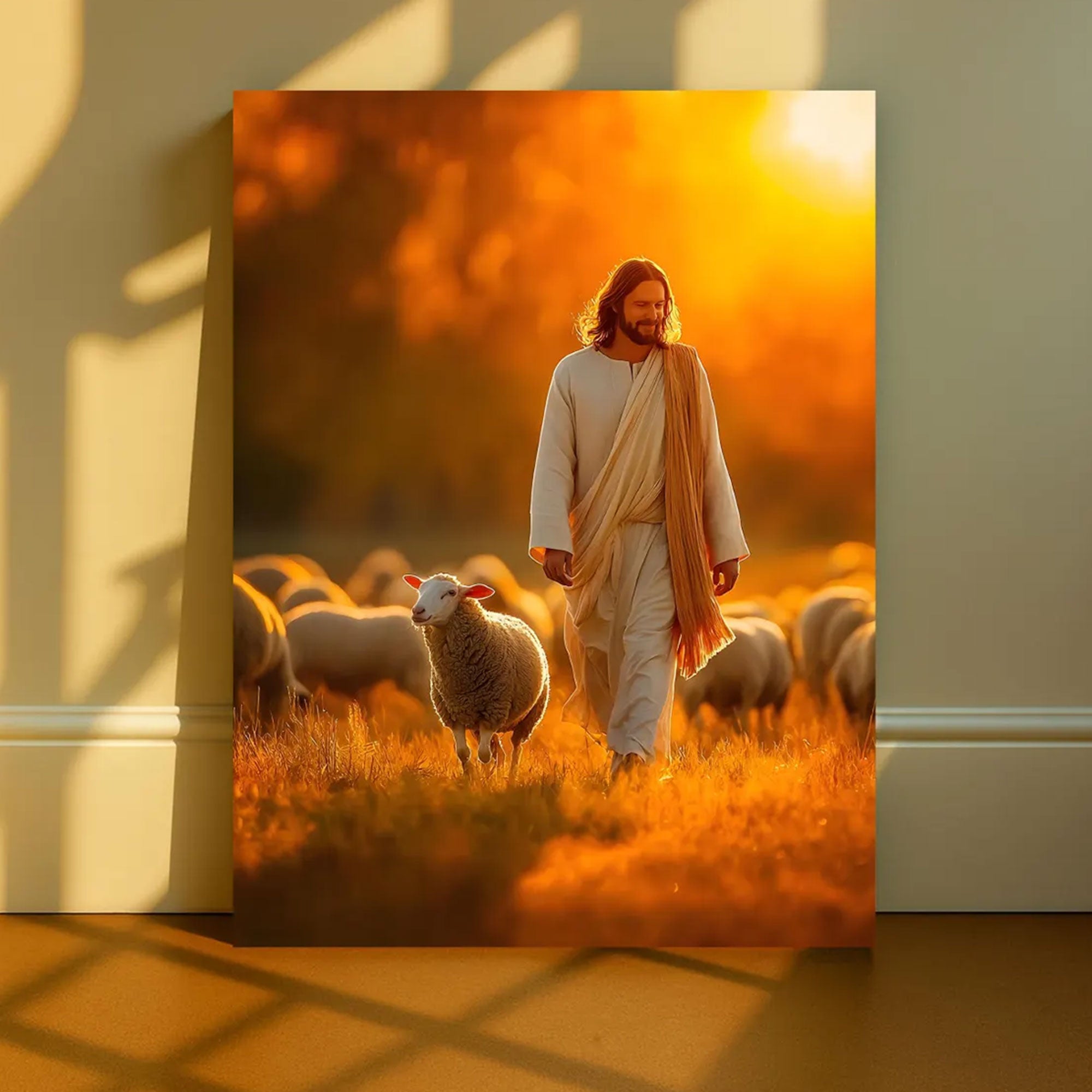 Jesus Good Shepherd Canvas Print, Sunset Christian Wall Art, Faith Inspired Shepherd Artwork, Spiritual Home Decor