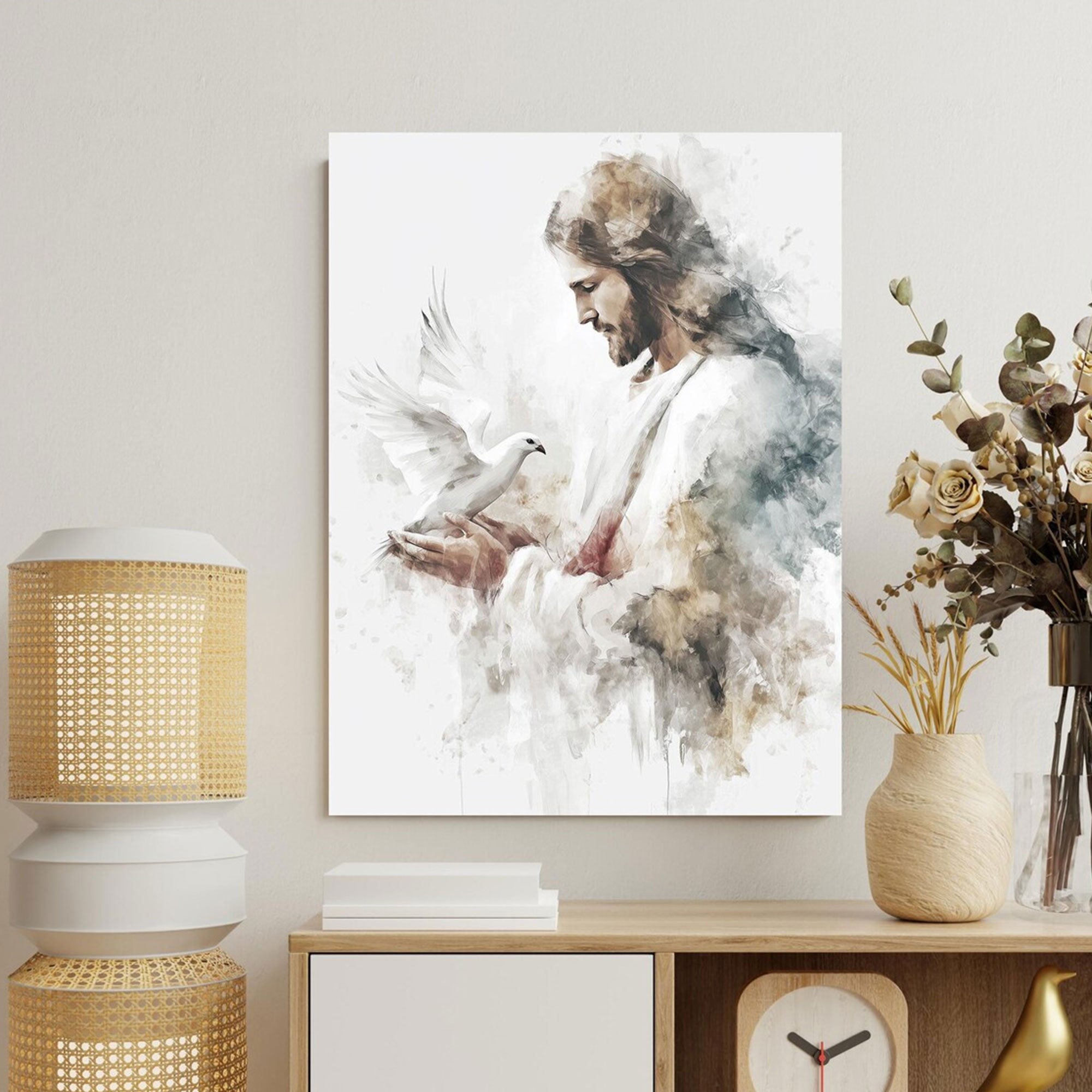 Jesus Dove Canvas Wall Art, Christ Peace Watercolor Painting, Christian Religious Home Decor