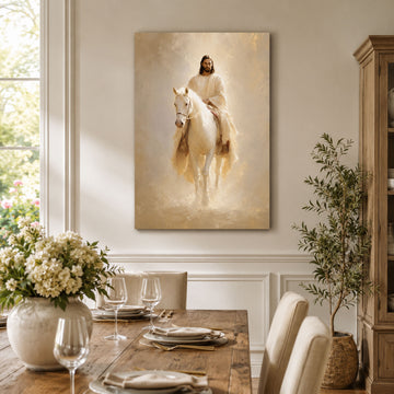 Jesus on White Horse Canvas Print, Second Coming Christian Wall Art, White and Gold Faith Home Decor Gift