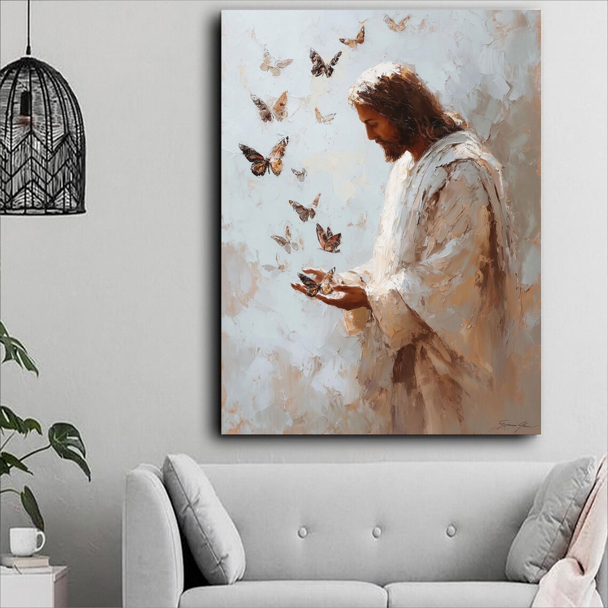 Jesus with Butterflies Canvas Print, Christian Inspirational Wall Art, Peaceful Faith Home Decor