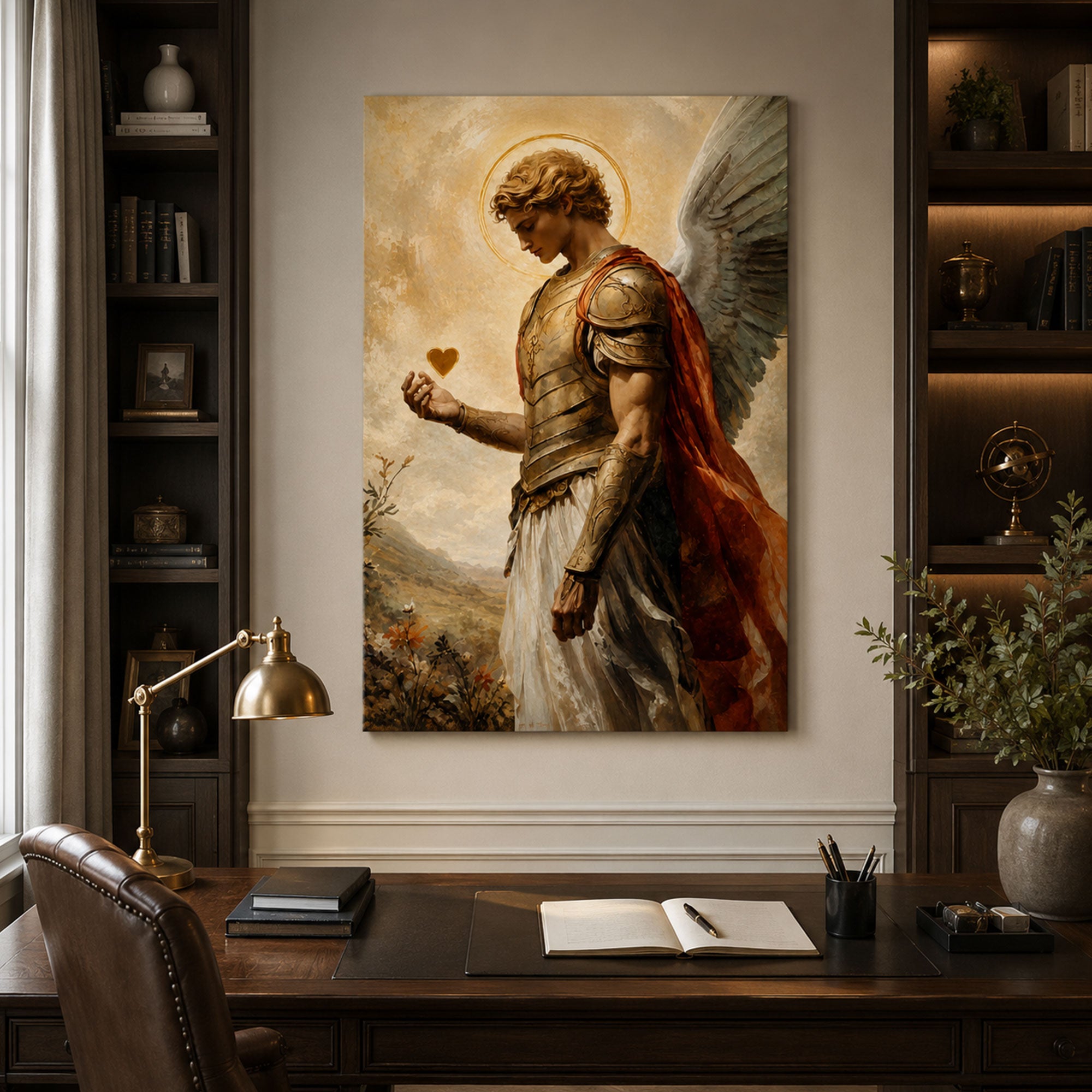 Archangel Holding Golden Heart Canvas Print, Catholic Christian Wall Art, Heavenly Faith Home Decor