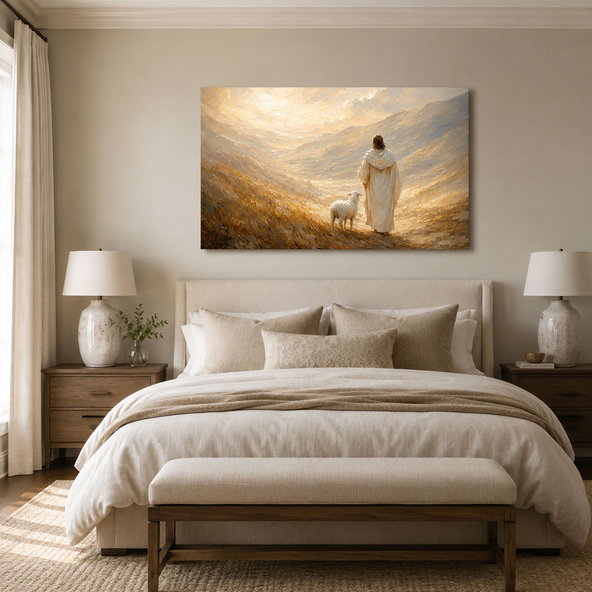 Good Shepherd Panoramic Canvas Print, Jesus with Lamb Christian Wall Art, Faith Home Decor Gift