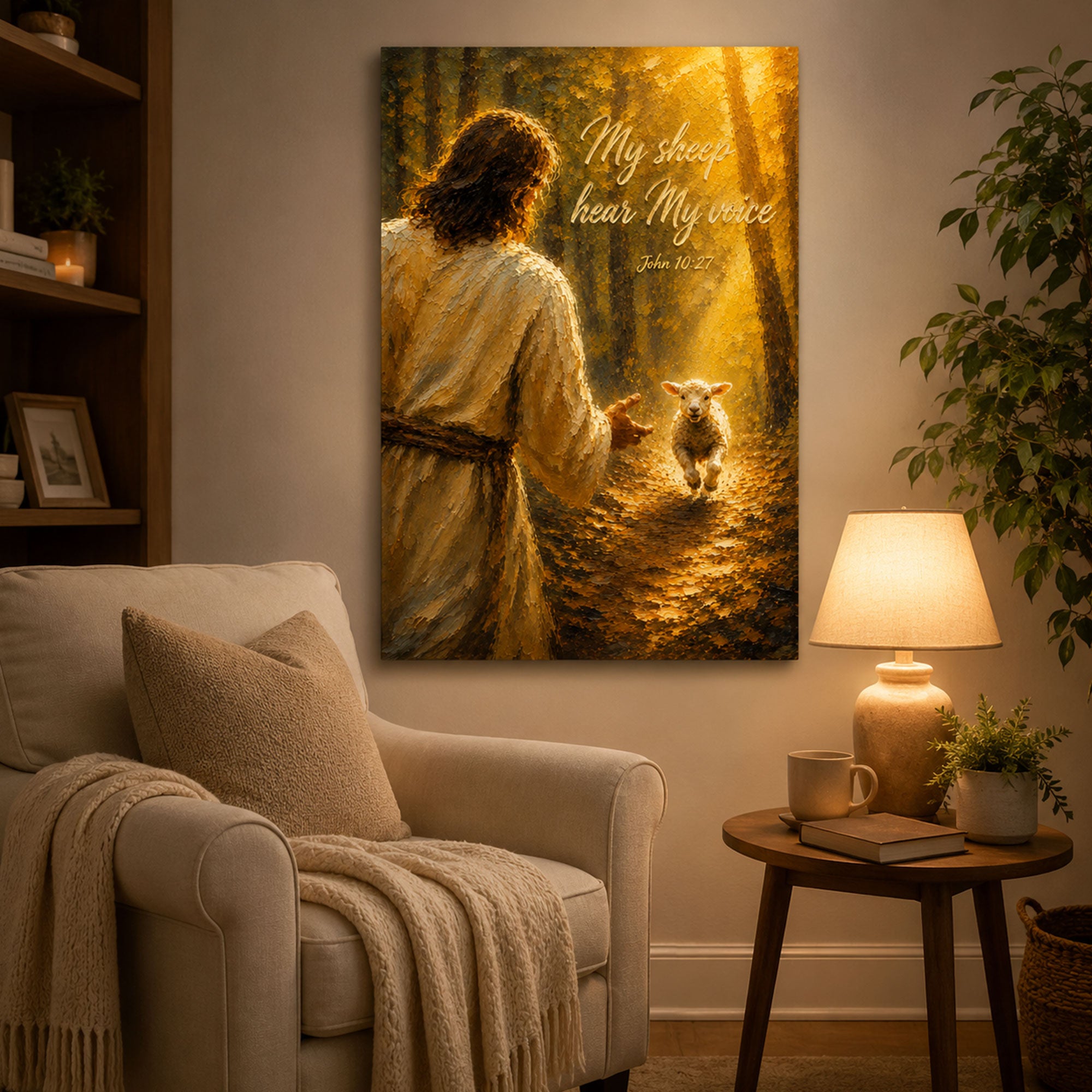 My Sheep Hear My Voice Canvas Print, Jesus and Lamb John 10:27 Christian Wall Art for Home Decor