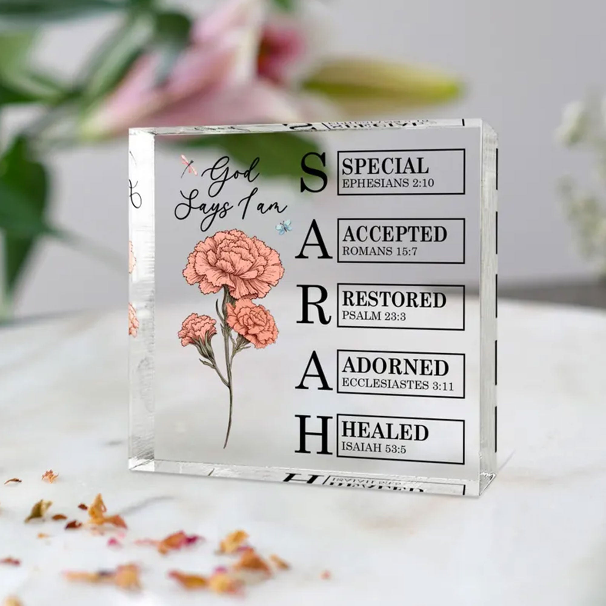 Personalized Sarah Christian Acrylic Block, God Says I Am Scripture Gift, 2D Flat Faith Table Decor