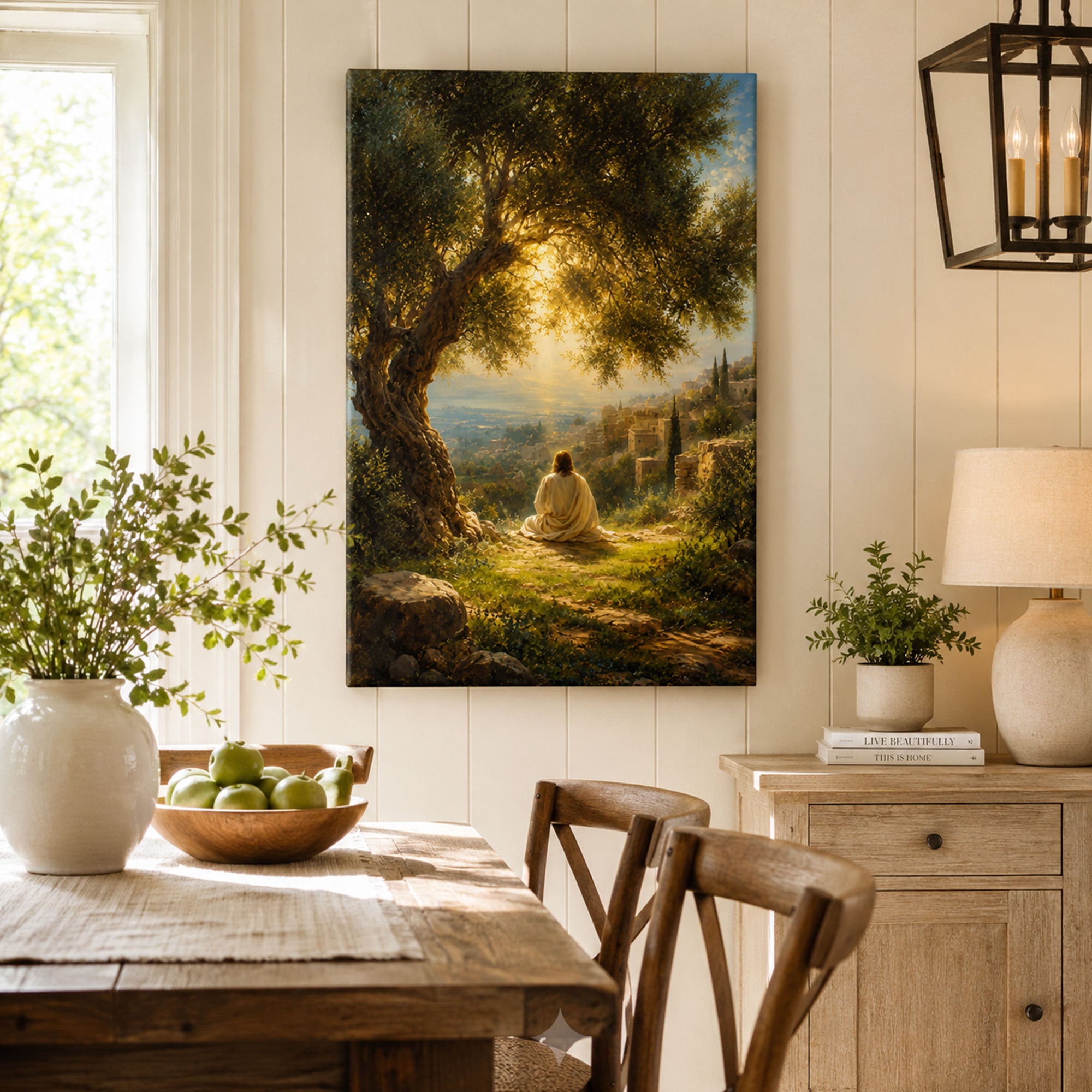 Jesus Under the Olive Tree Canvas Print, Peaceful Christian Wall Art, Golden Light Faith Home Decor Gift
