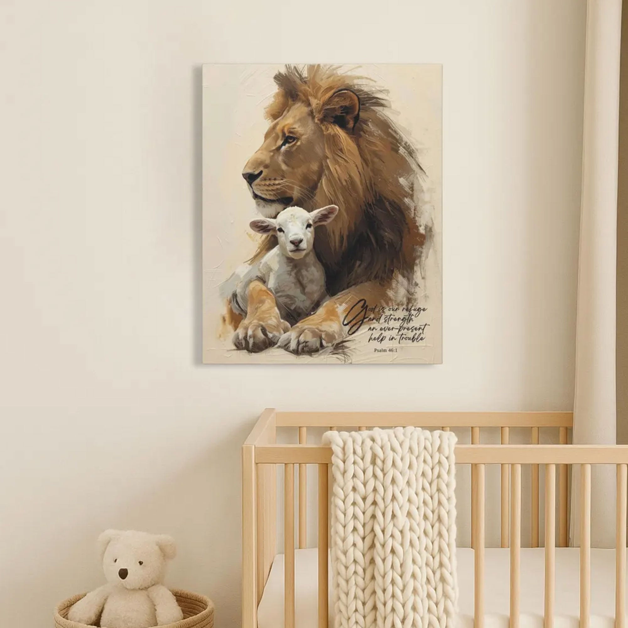 Lion and Lamb Psalm 46:1 Canvas Print, Christian Faith Wall Art, Biblical Home Decor, Inspirational Scripture Artwork