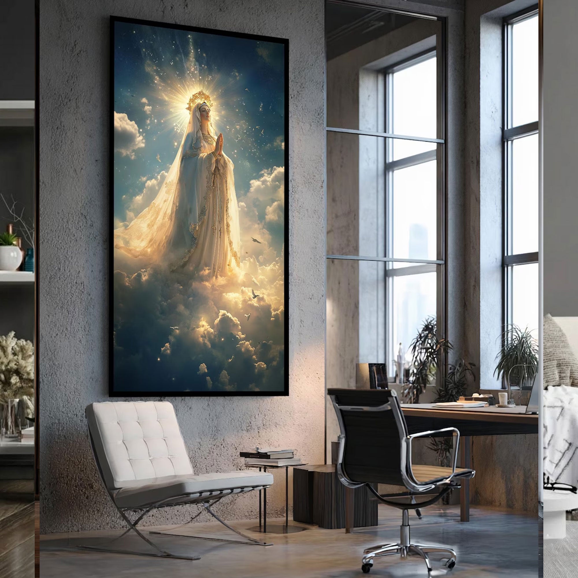 Heavenly Virgin Mary Canvas Print, Praying in the Clouds Wall Art, Golden Halo Light, Catholic Christian Home Decor