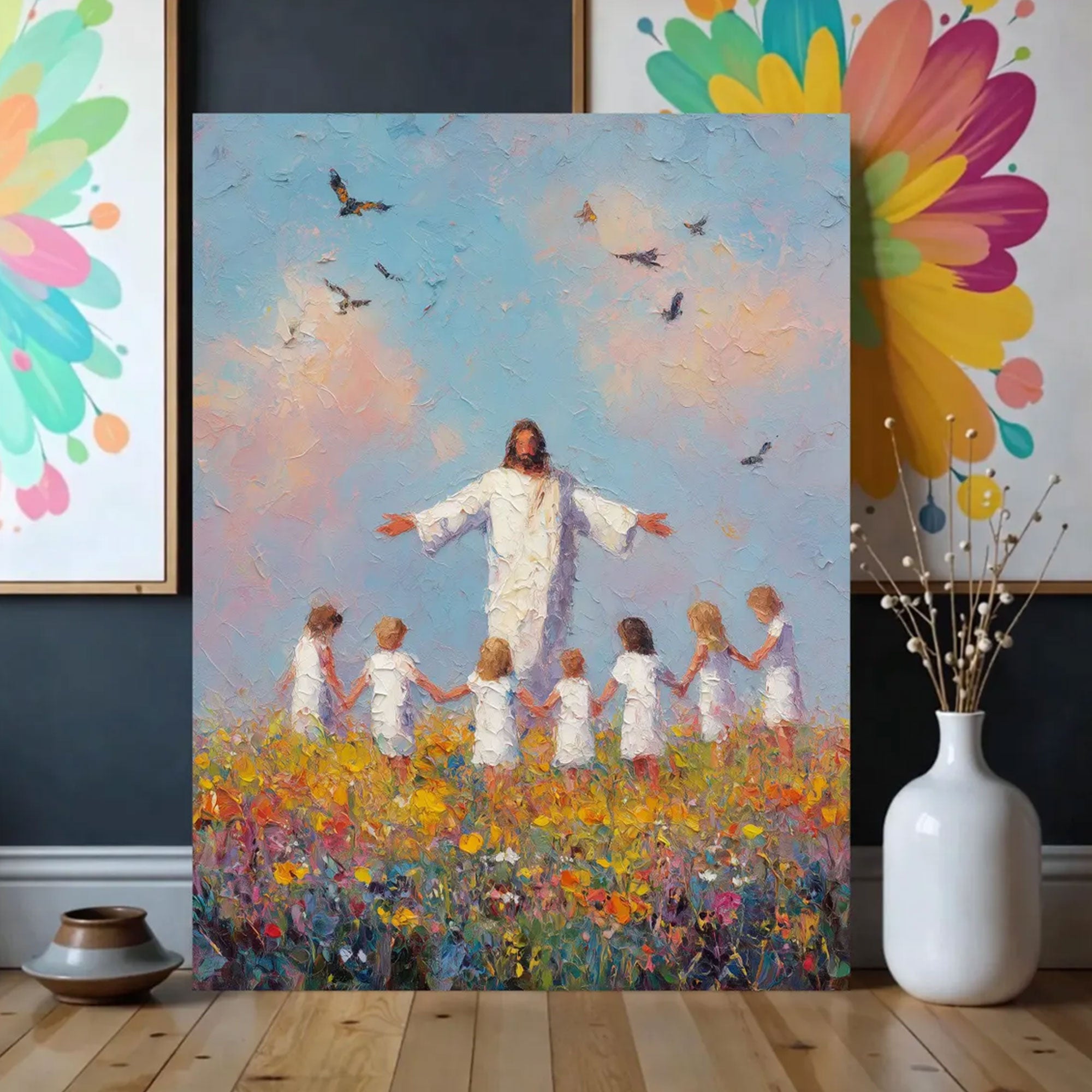 Jesus and Children Canvas Print, Colorful Christian Wall Art, Religious Home Decor