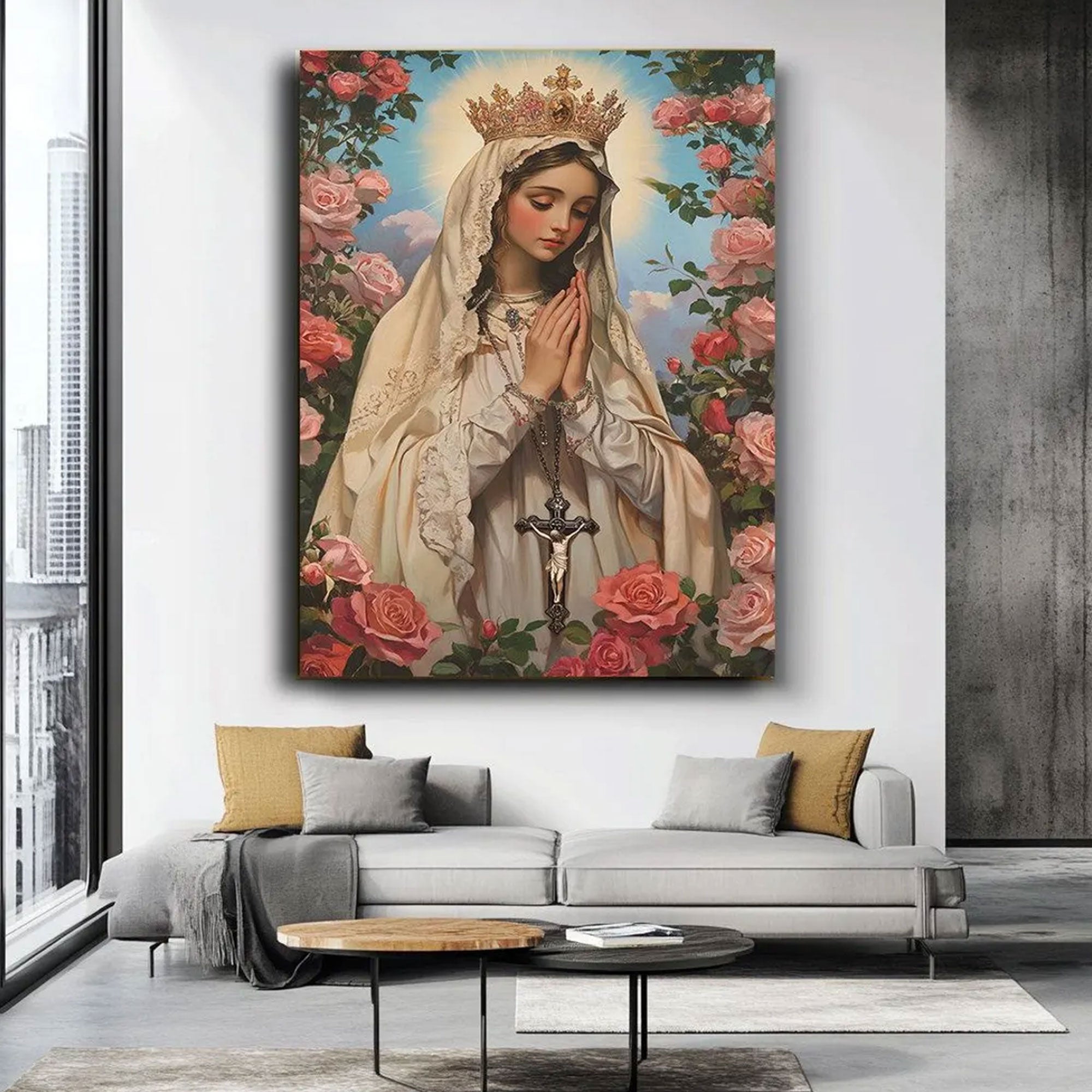 Virgin Mary Canvas Art, Holy Mother of God Wall Art, Sacred Catholic Icon with Roses, Blessed Mother Portrait, Inspirational Faith Gift, Religious Home Decor
