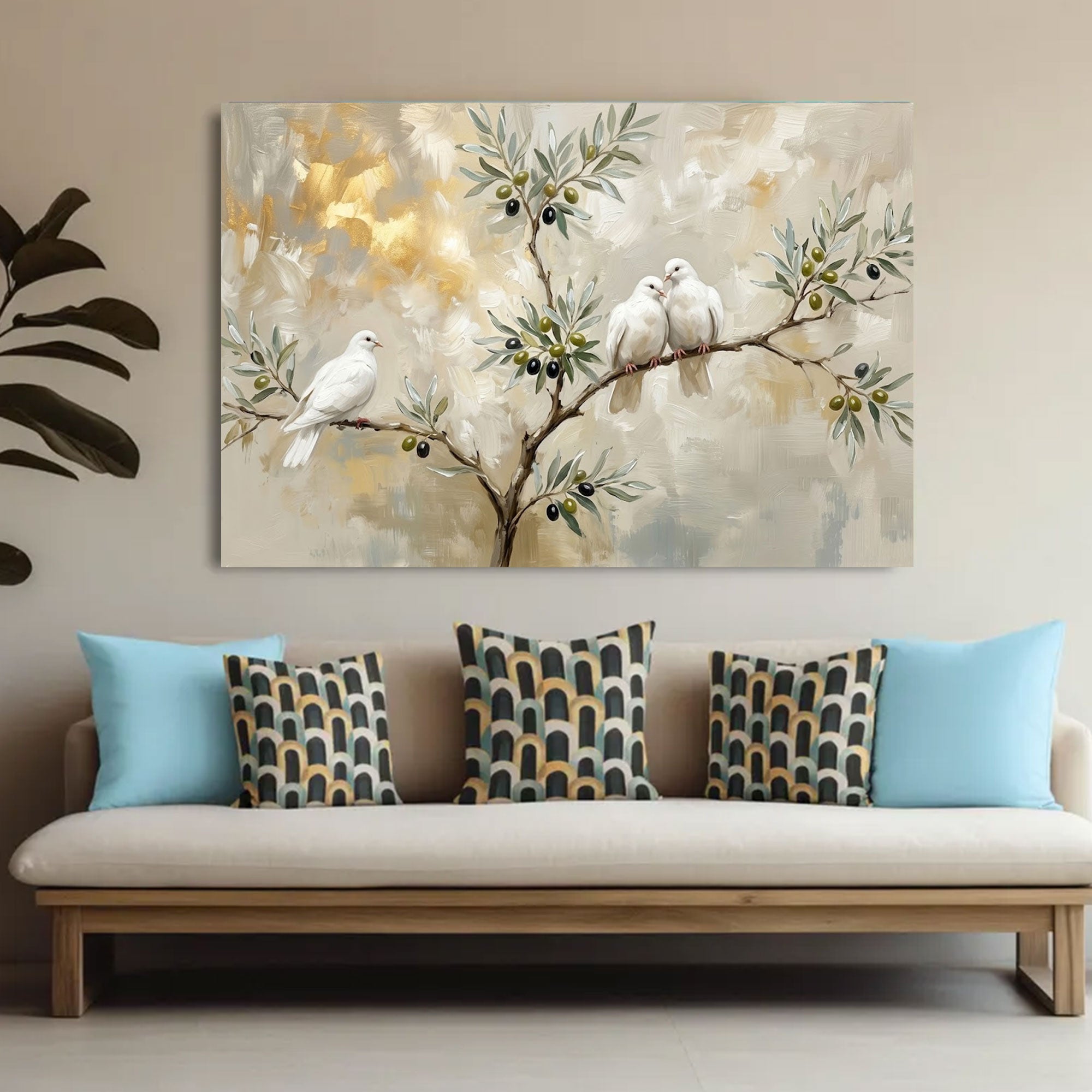 Olive Branch Dove Canvas Print, Symbol of Peace Wall Art, Neutral Bird Painting, Calm Minimalist Home Decor