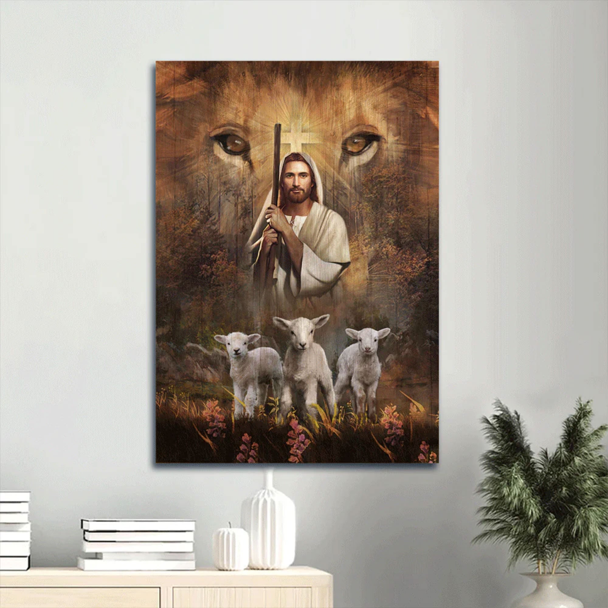 Jesus Portrait Canvas Print, Lion and Lamb Christian Wall Art, Walking with Jesus Faith Decor