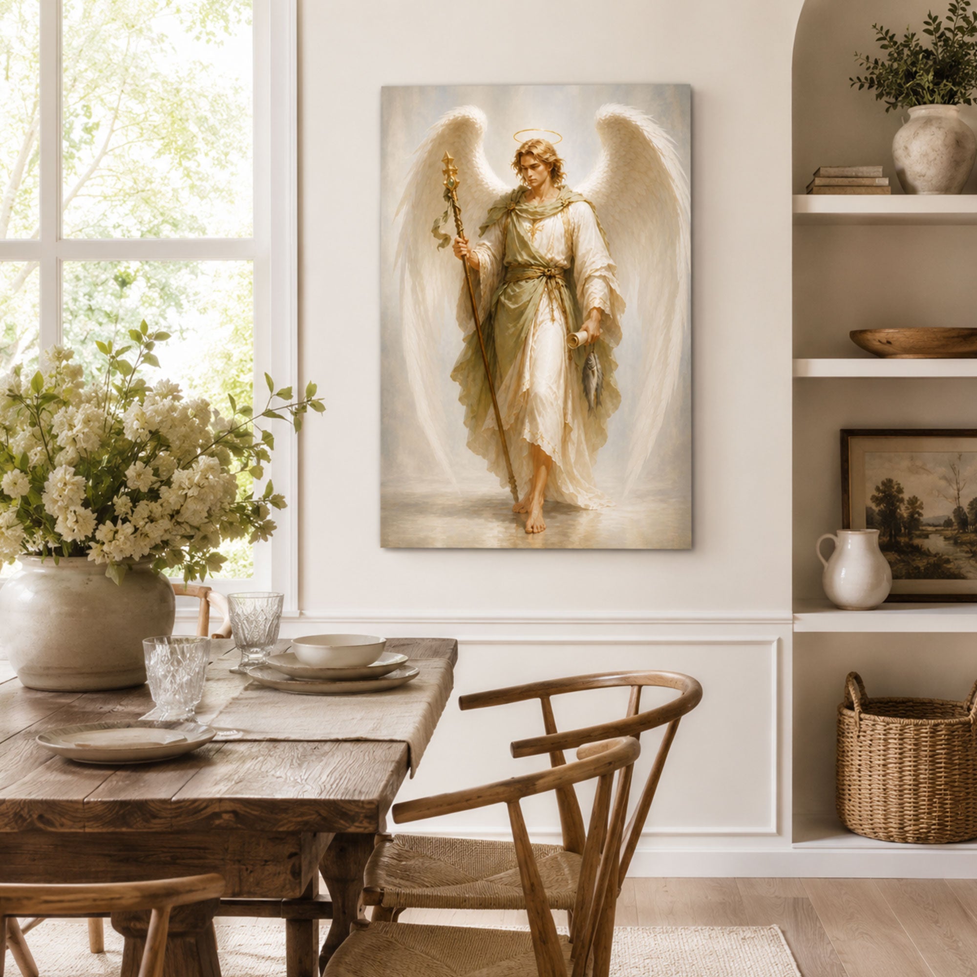 Saint Raphael Archangel Canvas Print, Catholic Healing Angel Wall Art, White and Gold Faith Home Decor Gift