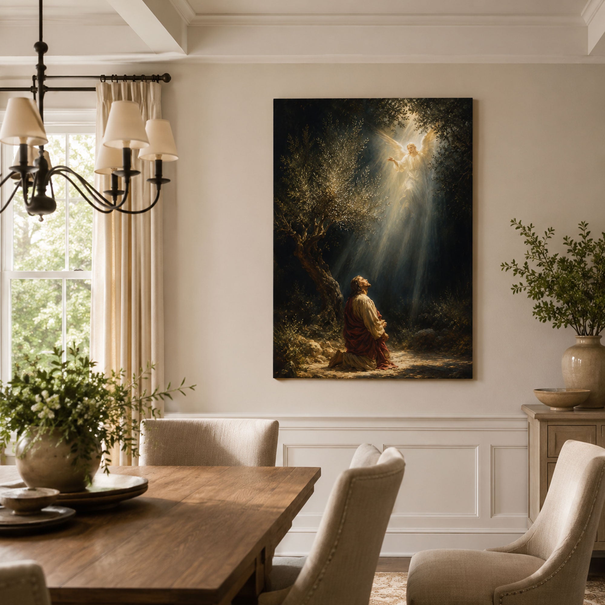 Jesus Praying in Gethsemane with Angel Canvas Print, Catholic Garden of Gethsemane Wall Art, Faith Home Decor Gift
