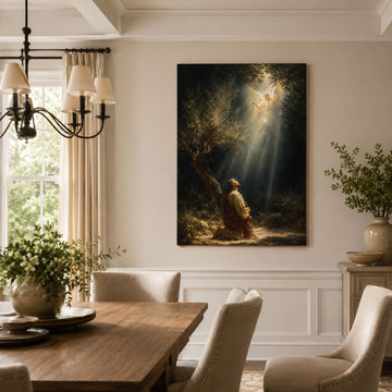Jesus Praying in Gethsemane with Angel Canvas Print, Catholic Garden of Gethsemane Wall Art, Faith Home Decor Gift