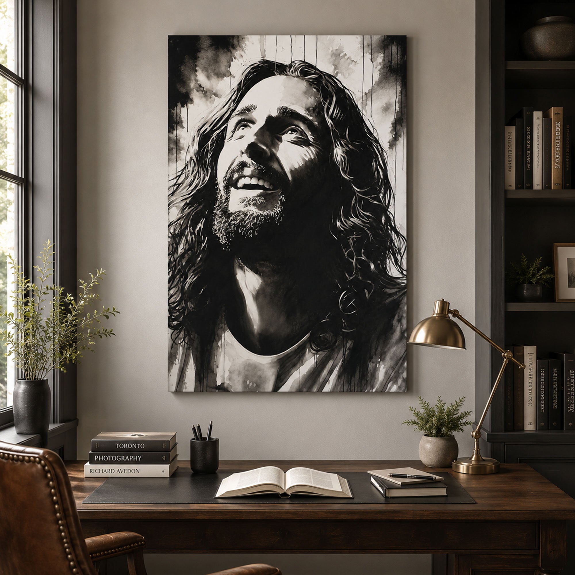 Smiling Jesus Portrait Canvas Print, Black White Christian Wall Art, Faith Home Decor