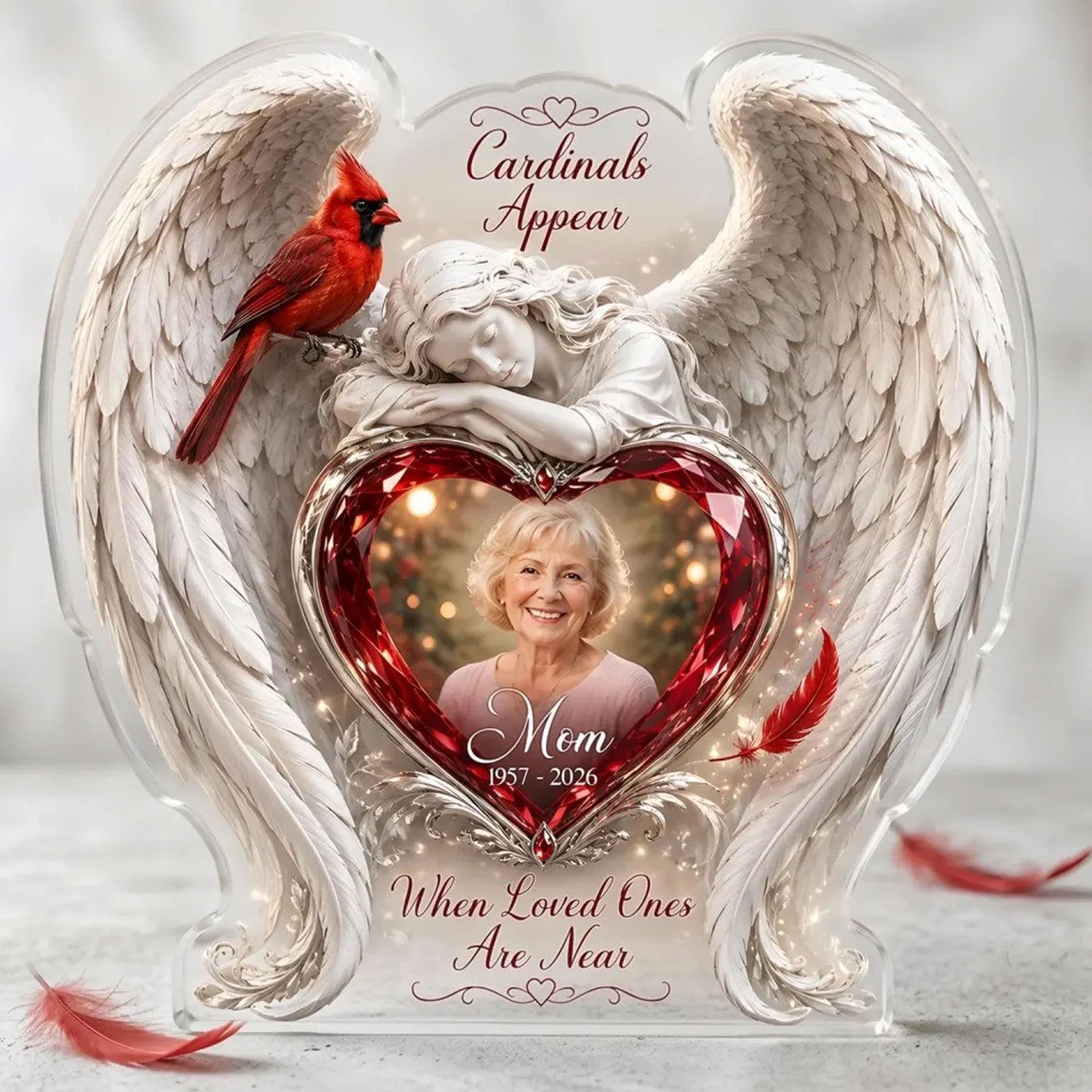 Personalized Cardinal Memorial Acrylic Desk Plaque, When Loved Ones Are Near, Angel Wings Photo Keepsake