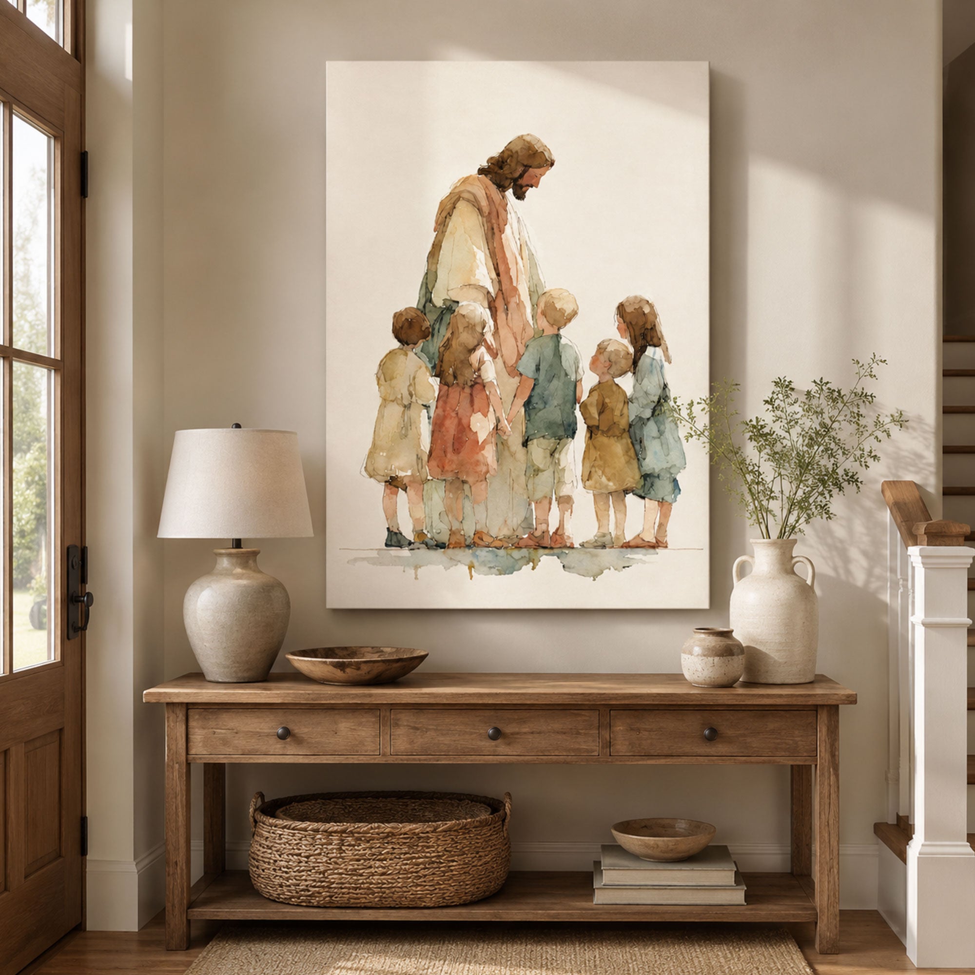 Jesus with Children Watercolor Canvas Print, Christian Nursery Wall Art, Peaceful Faith Home Decor