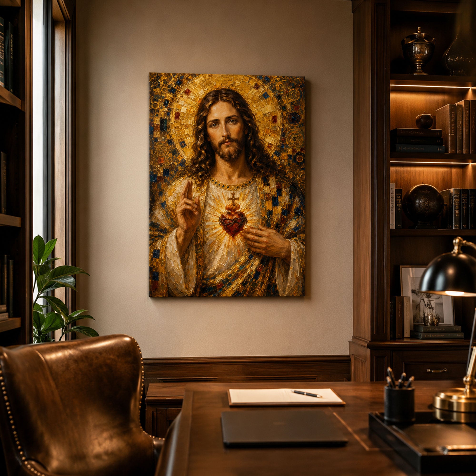 Sacred Heart of Jesus Canvas Print, Gold Mosaic Style Catholic Wall Art, Christian Faith Home Decor Gift