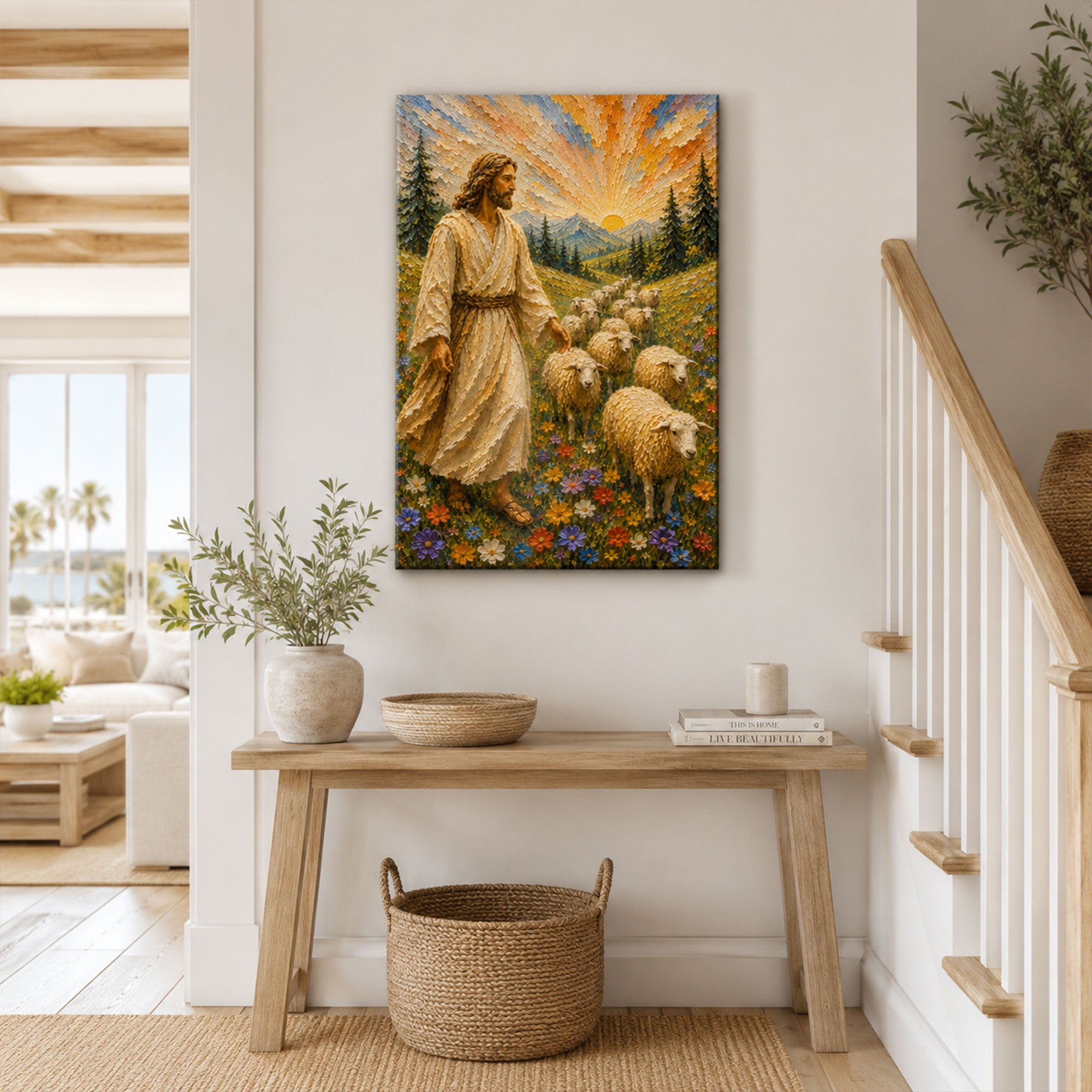 Good Shepherd Canvas Print, Jesus with Sheep Christian Wall Art, Faith Home Decor Gift