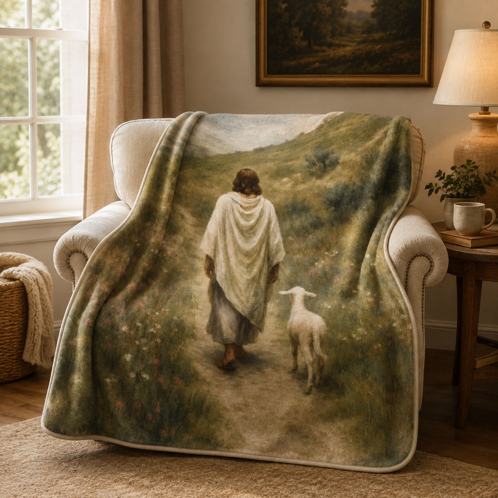 Jesus Walking with Lamb Fleece Blanket, Good Shepherd Christian Throw, Faith Gift for Believers