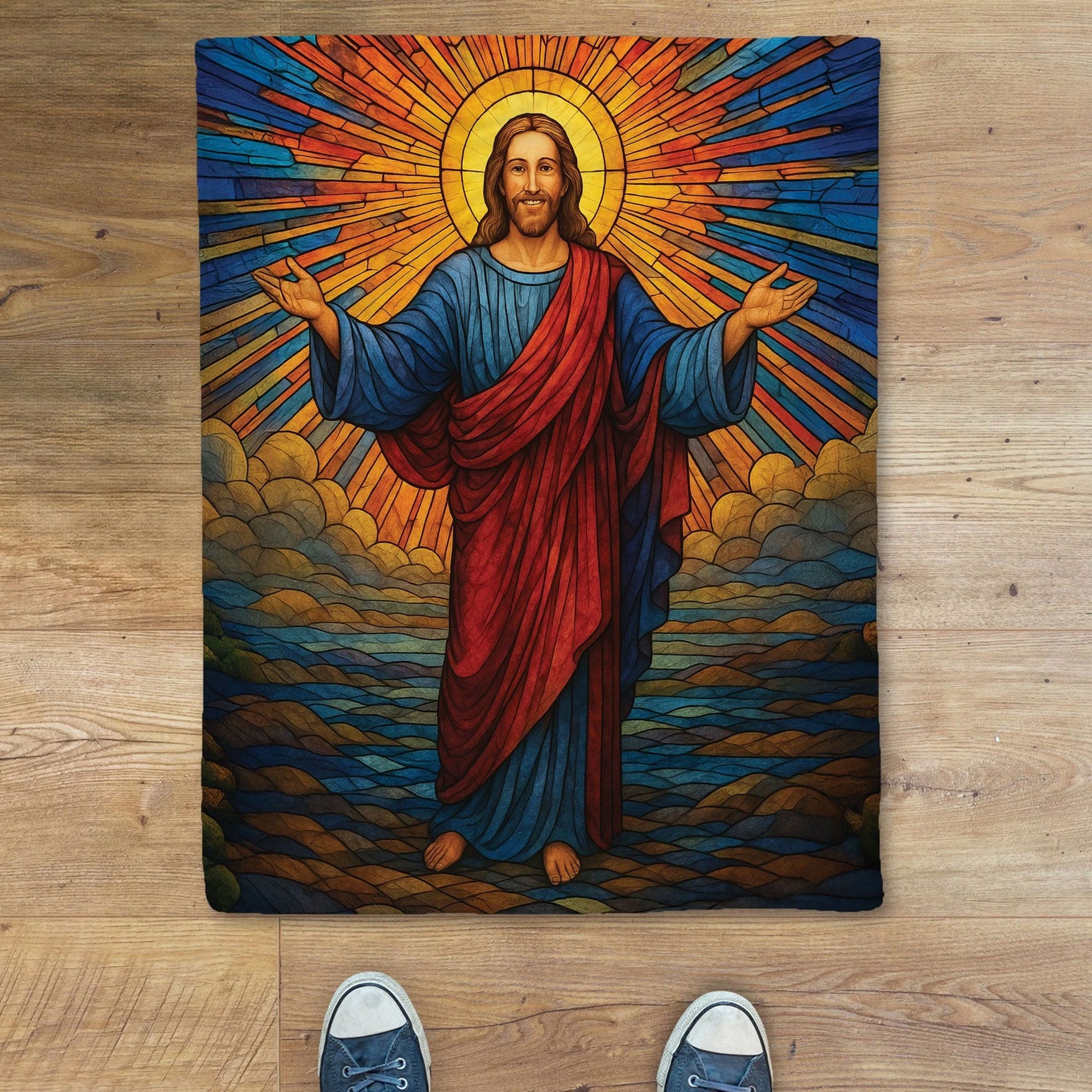 Retro Colorful Jesus Christ Fleece Blanket, Stained Glass Faith Throw, Christian Religious Gift, Inspirational Home Decor