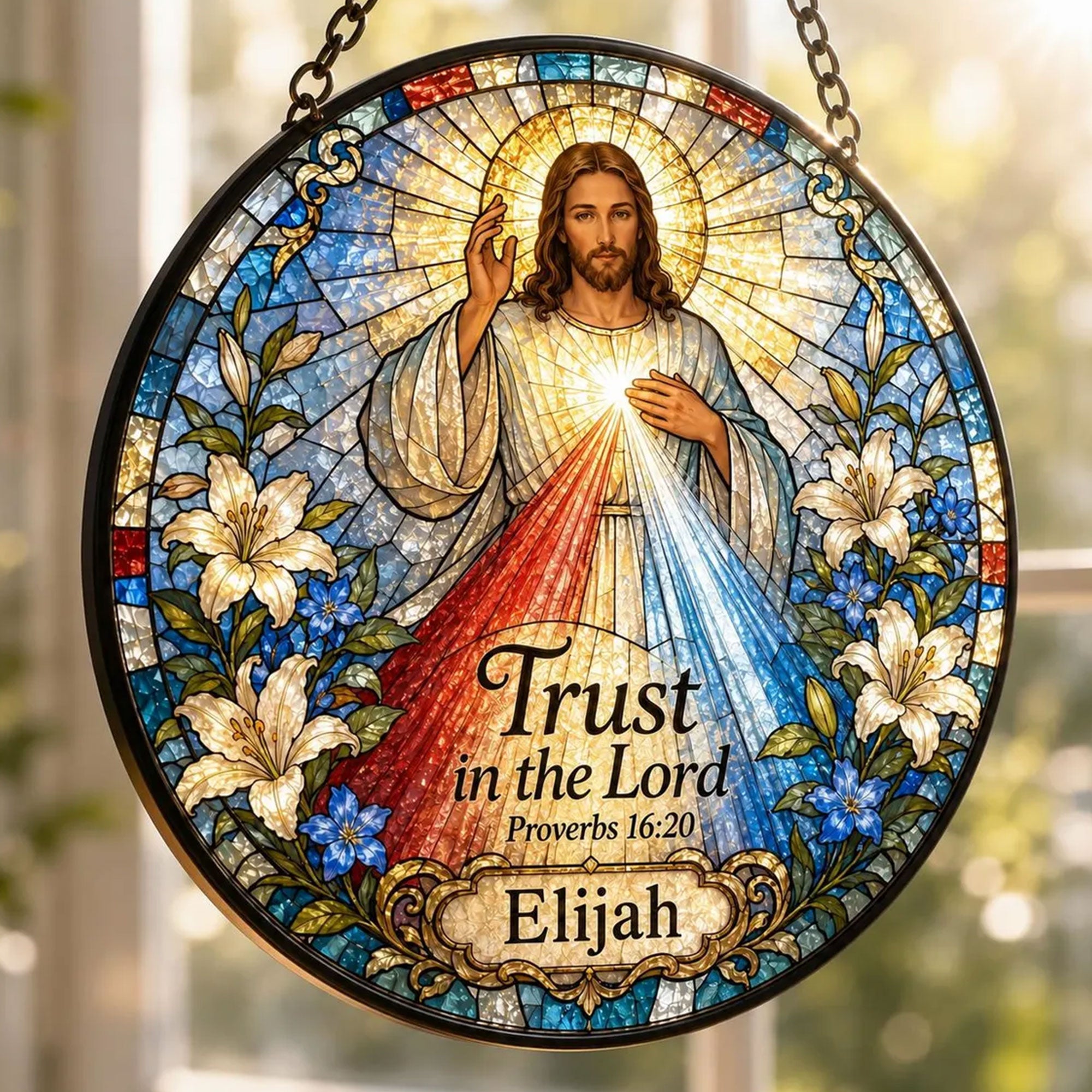 Personalized Divine Mercy Jesus Suncatcher, Trust in the Lord Proverbs 16:20, Catholic Gift