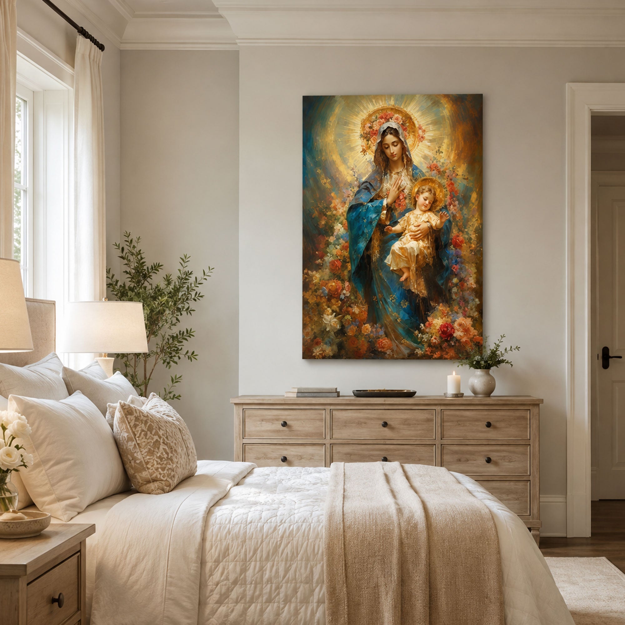 Blessed Virgin Mary with Baby Jesus Canvas Print, Catholic Home Decor, Religious Gift
