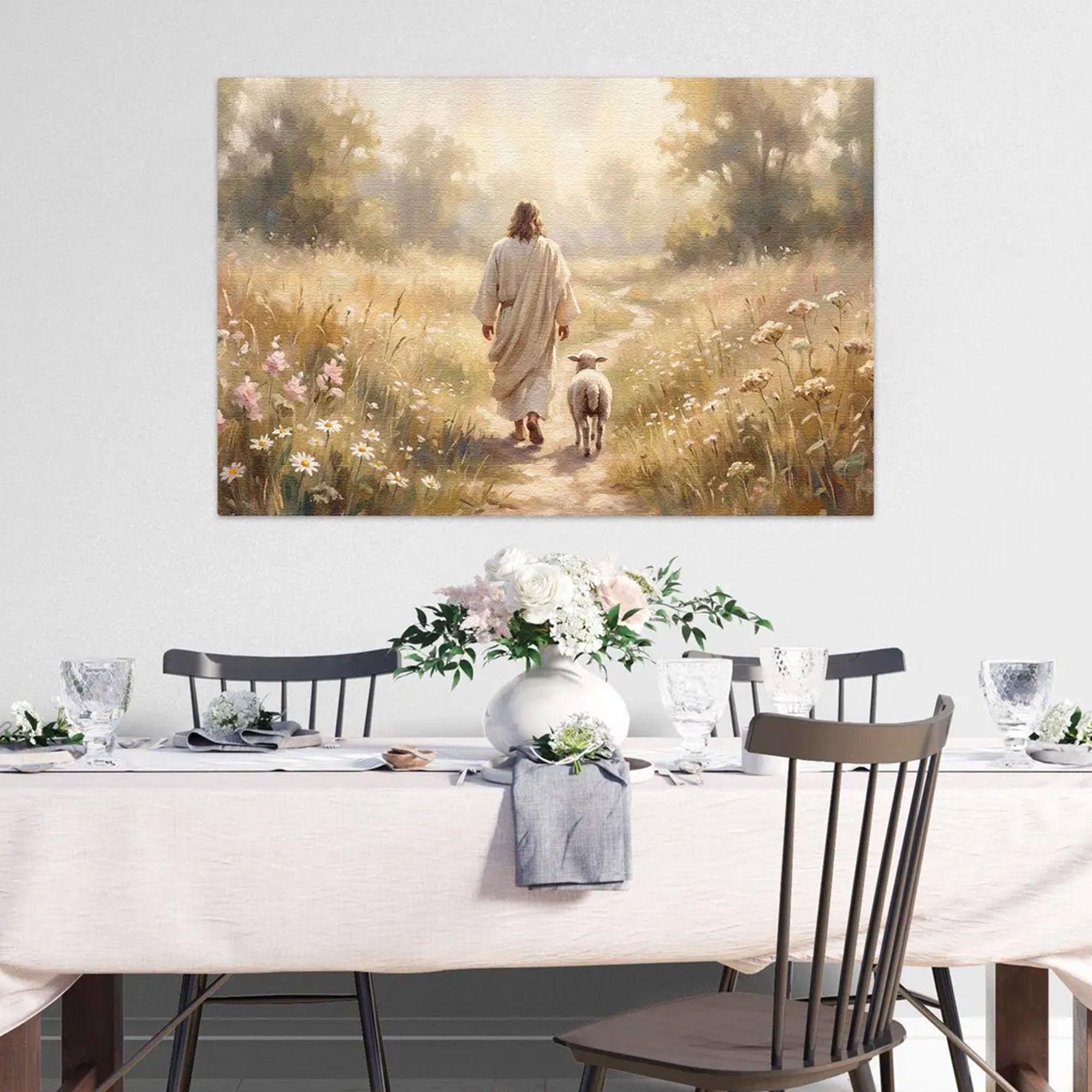 Jesus Walking with Lamb Canvas Print, Good Shepherd Christian Wall Art, Religious Home Decor