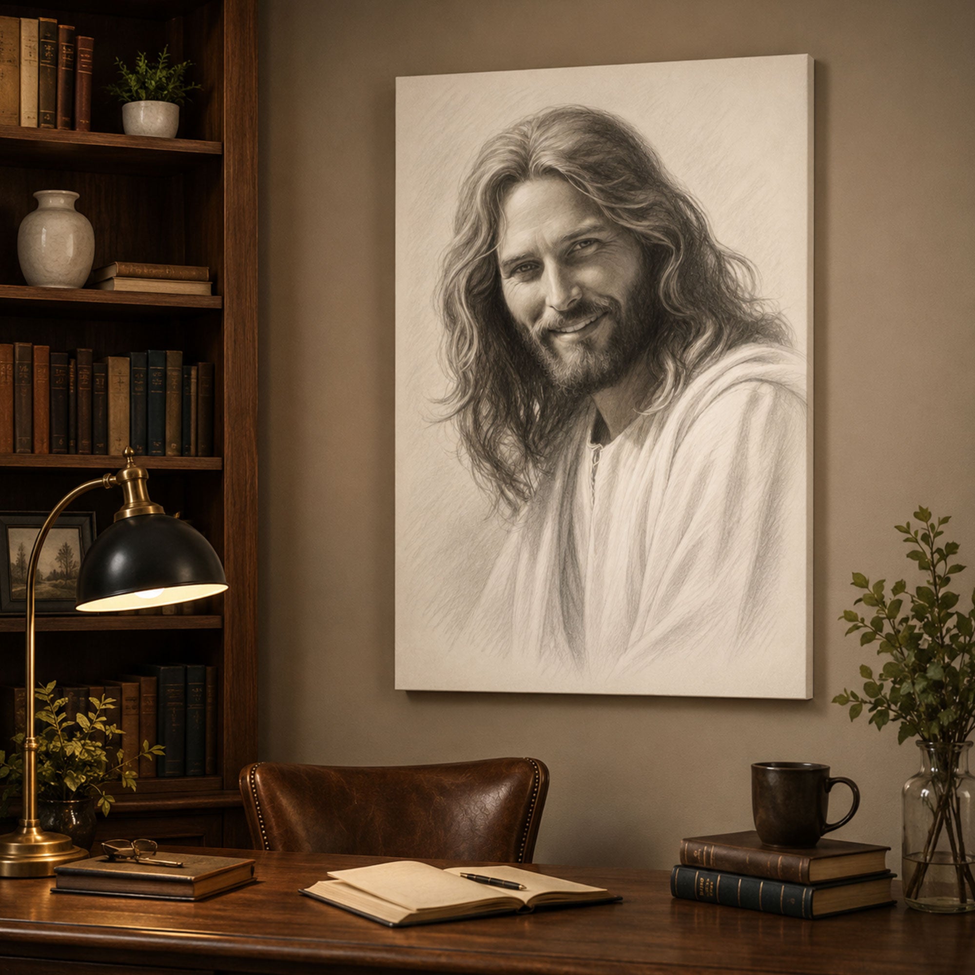 Jesus Pencil Sketch Canvas Print, Christian Portrait Wall Art, Minimalist Faith Home Decor
