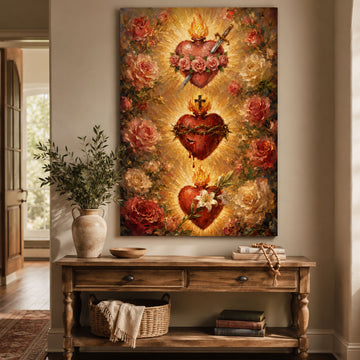 Three Sacred Hearts Canvas Print, Sacred Heart of Jesus Immaculate Heart of Mary and Saint Joseph Catholic Wall Art Religious Home Decor