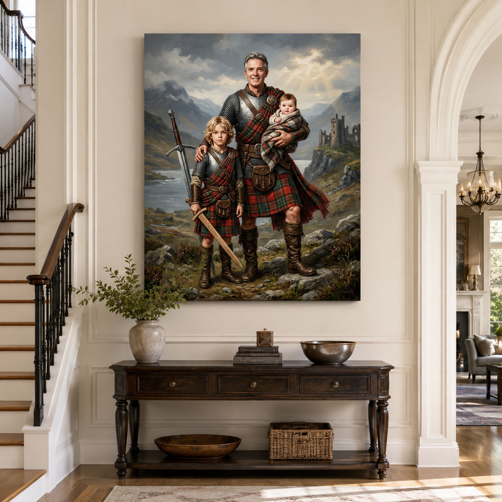 Personalized Highland Warrior Family Canvas Print, Custom Dad and Kids Scottish Portrait Wall Art